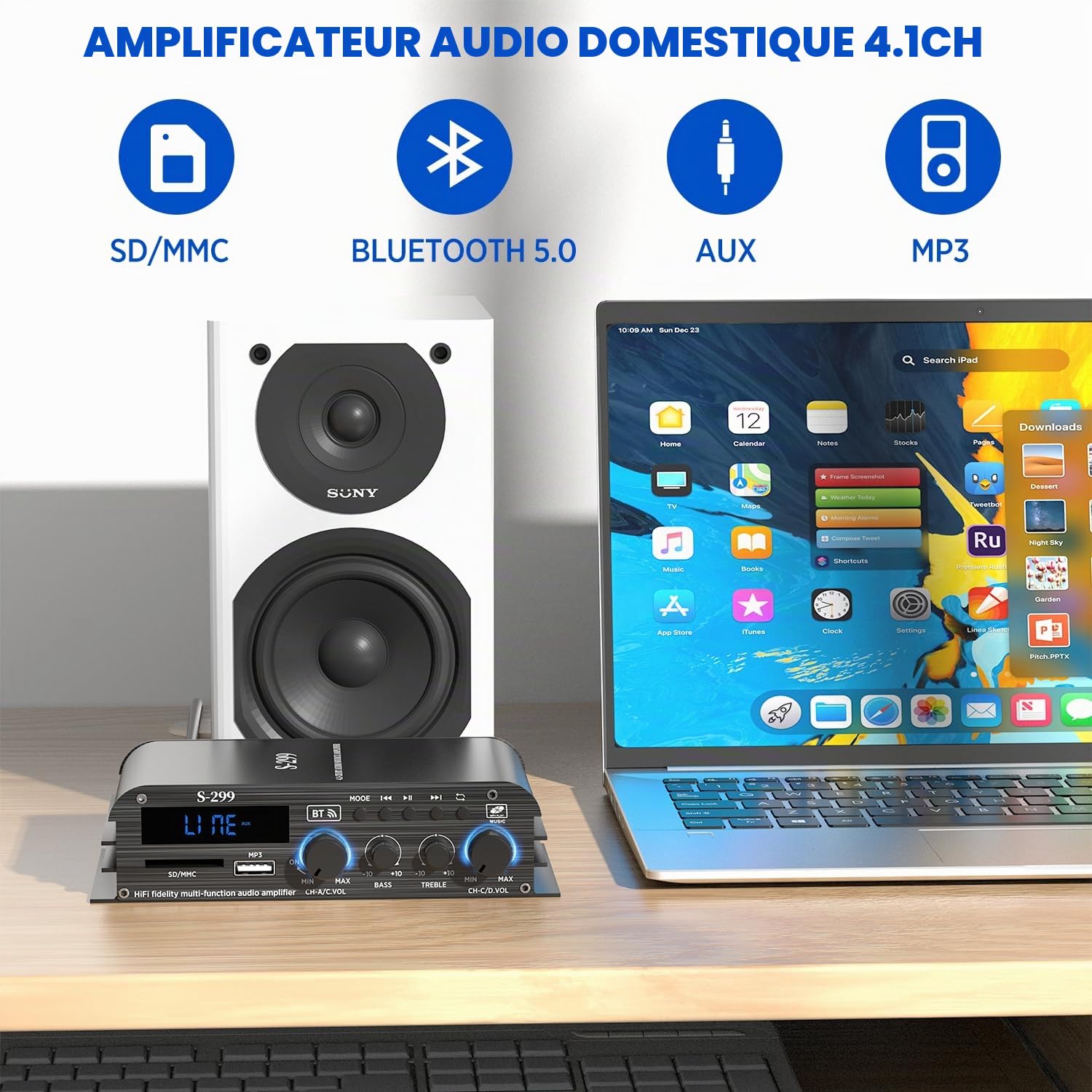 1600W Amplificateur hifi Bluetooth 5.0, 40W x 4 +Caisson de basses actif | 4,1 CH Ampli Voiture Home Cinema Amplificateur de son Avec TF/USB Récepteur pour Mobile Maison Chambre