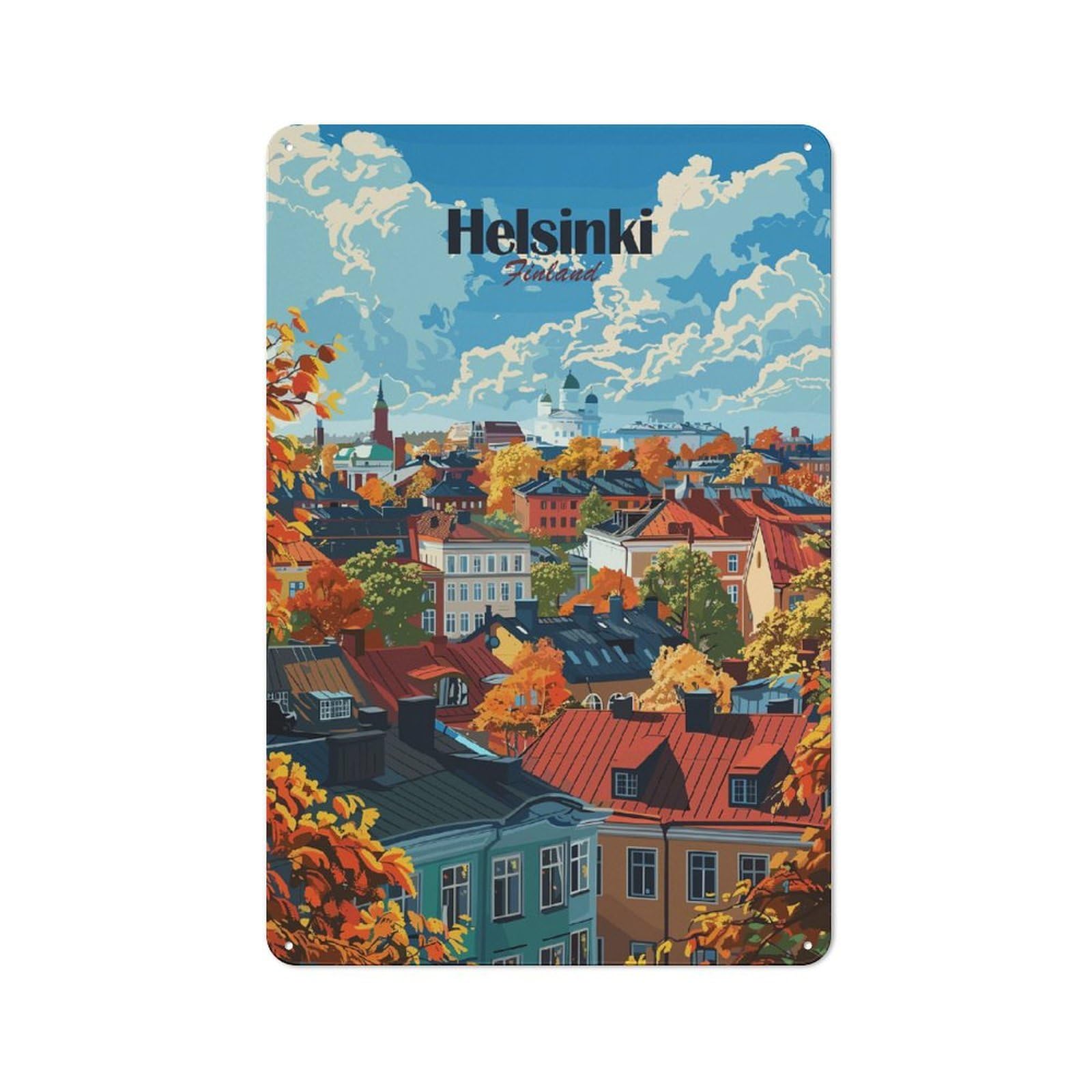 Junmoney Helsinki Finland Autumn Cityscape Illustratio Tin Sign 30X20cm With N For Home Bar Wall, Vintage Decor, Suited To Home Bar Decor Fans