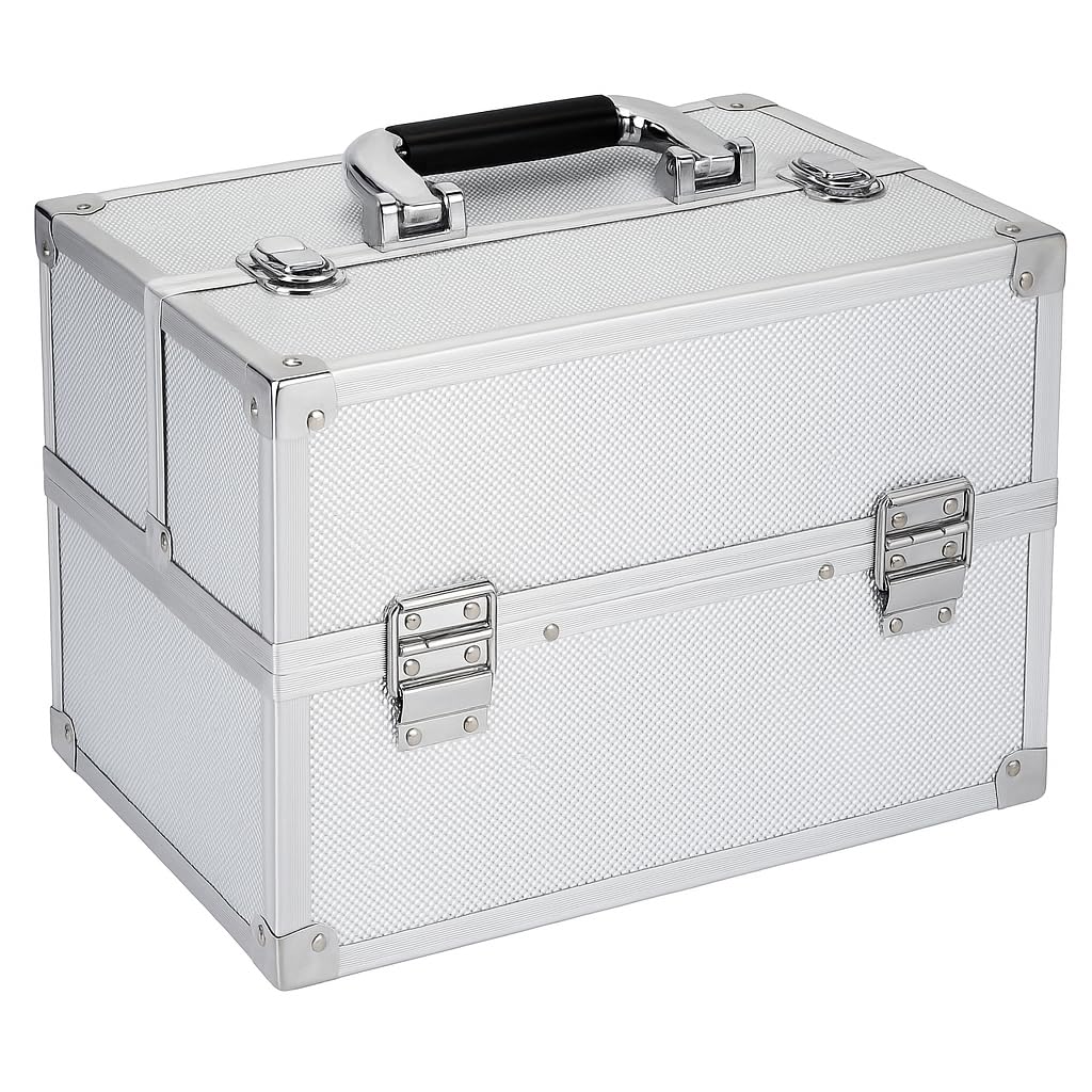 Professional Aluminum Makeup Case – Silver Cosmetic Storage Box with Key Locks, Adjustable Compartments & 4 Cantilever Trays – Portable Organizer for Makeup Artists & Beauty Enthusiasts