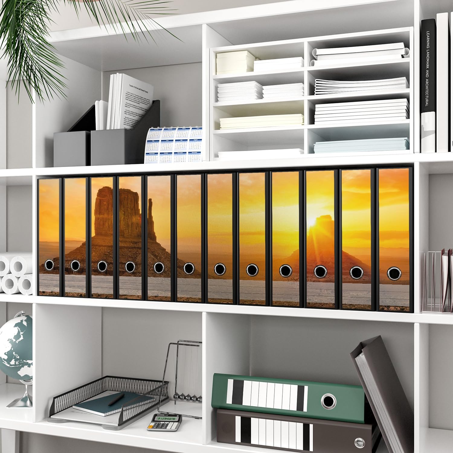 Wallario 12 Stück breite Ordner inkl. Klebeetiketten mit Motiv Monument bei Sonnenuntergang - Set mit Rückenschildern/Ordnerrücken Stickern