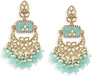 Zaveri Pearls Turquoise Stone Clustered Beads Drop Statement Kundan Chandbali Earring For Women-ZPFK18956 Price In India