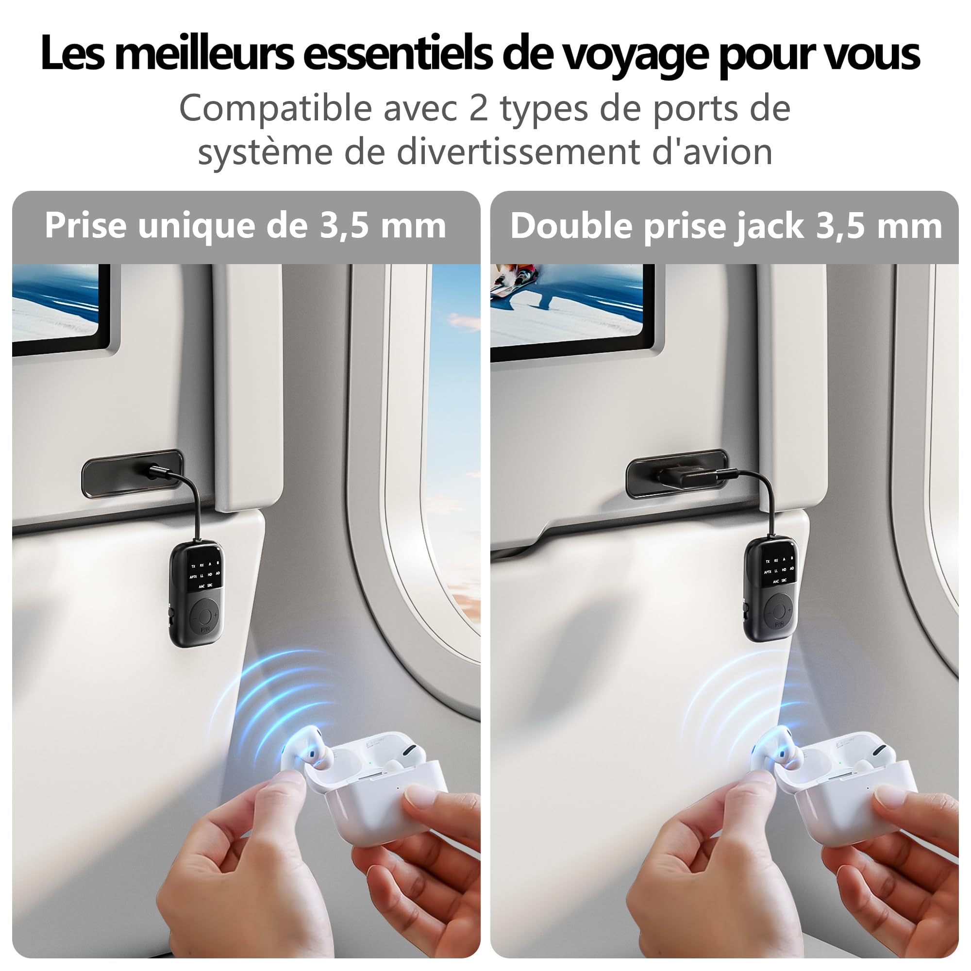 Bluetooth 5.4 Transmetteur Récepteur, 2-en-1 Adaptateur Bluetooth Avion, Double Casque & 24H Autonomie - pour TV, Avion, Voiture, Tablettes, Casque TV sans Fil, Compatible AirPods & aptX