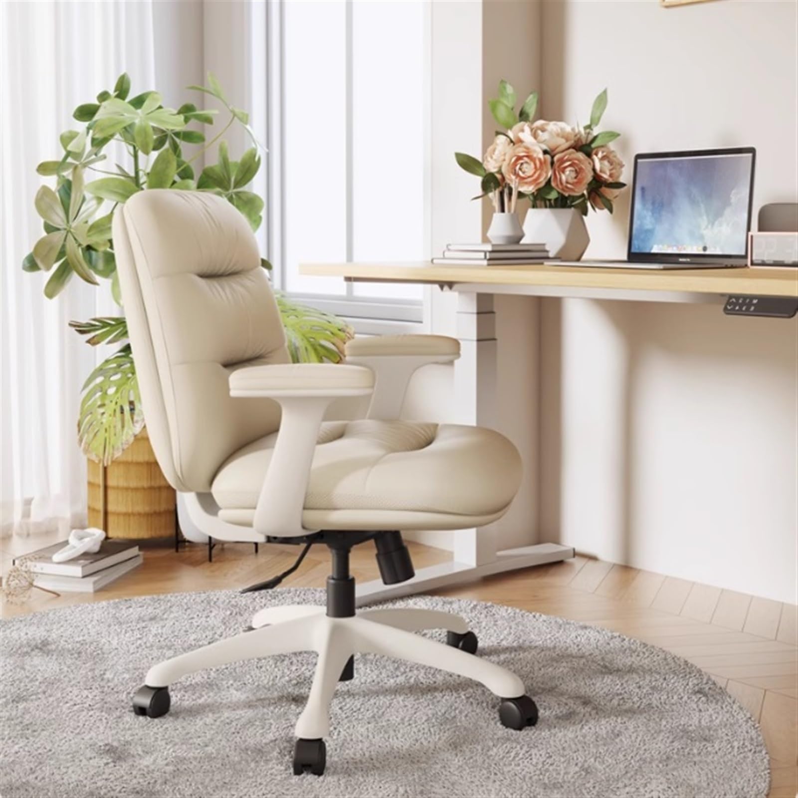Ergonomiczne krzesło biurowe, ergonomiczne krzesło biurowe, ze średnim oparciem, krzesło do biura domowego z kółkami, obrotowe krzesło ze skóry PU dla oszczędności miejsca, beżowe C