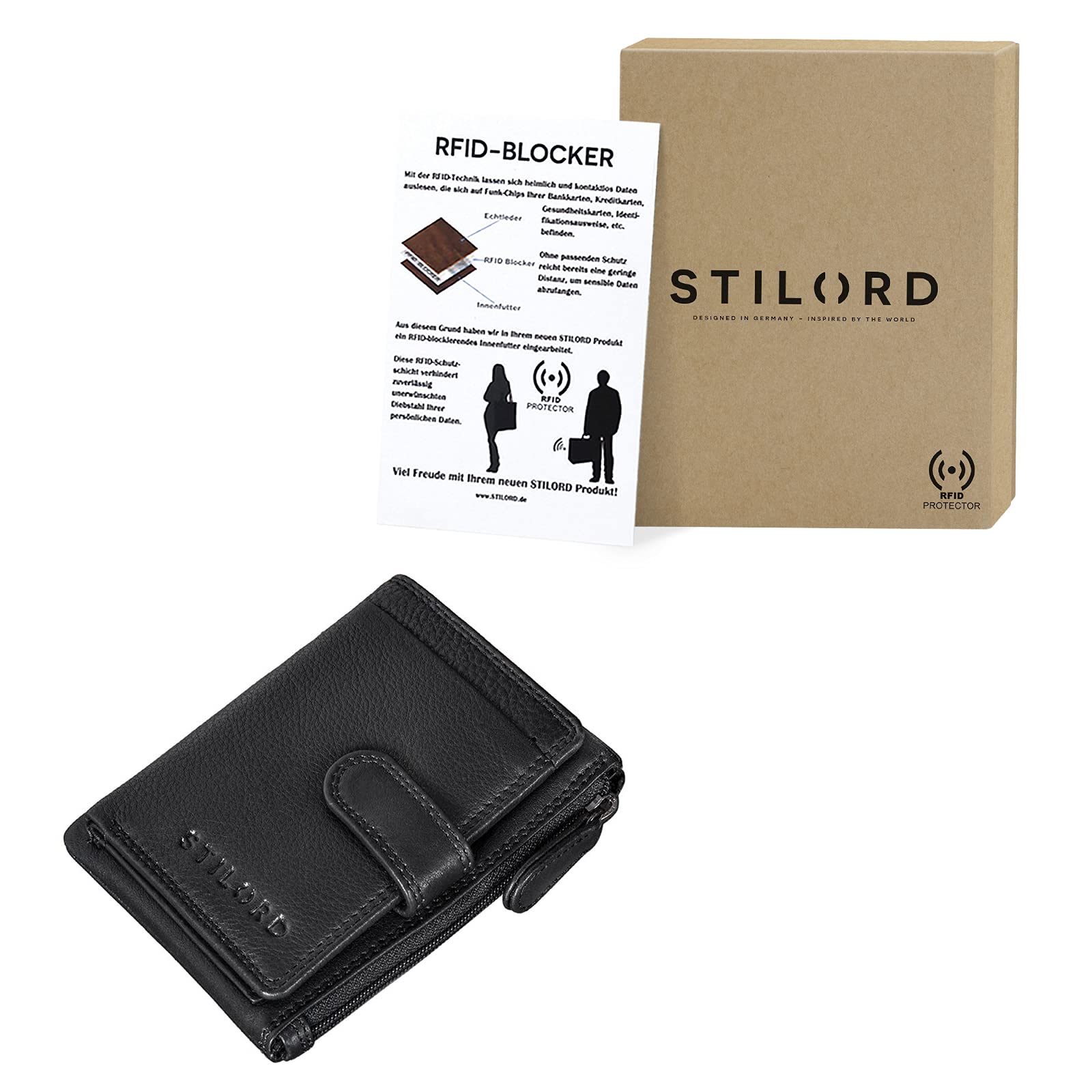 STILORD "Garrett" Skórzane etui na karty z kółkiem na klucze RFID mężczyzna kobieta mini portfel mały EC etui na karty slim portfel skórzany Kolor:czarny