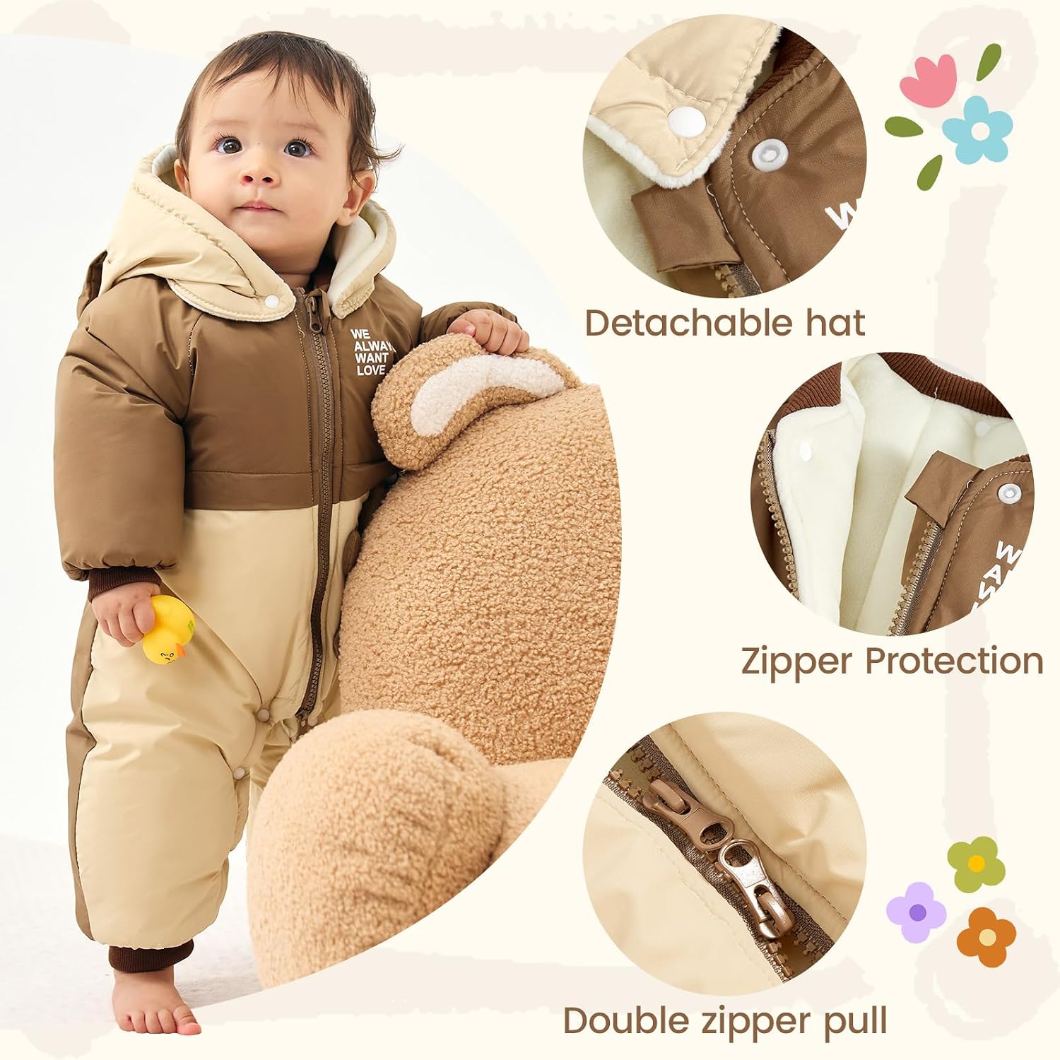 JiAmy Infant Snowsuit Toddler Baby Winter Clothes with Zippers Detachable Hat Warm Baby Girl Boy Coat
