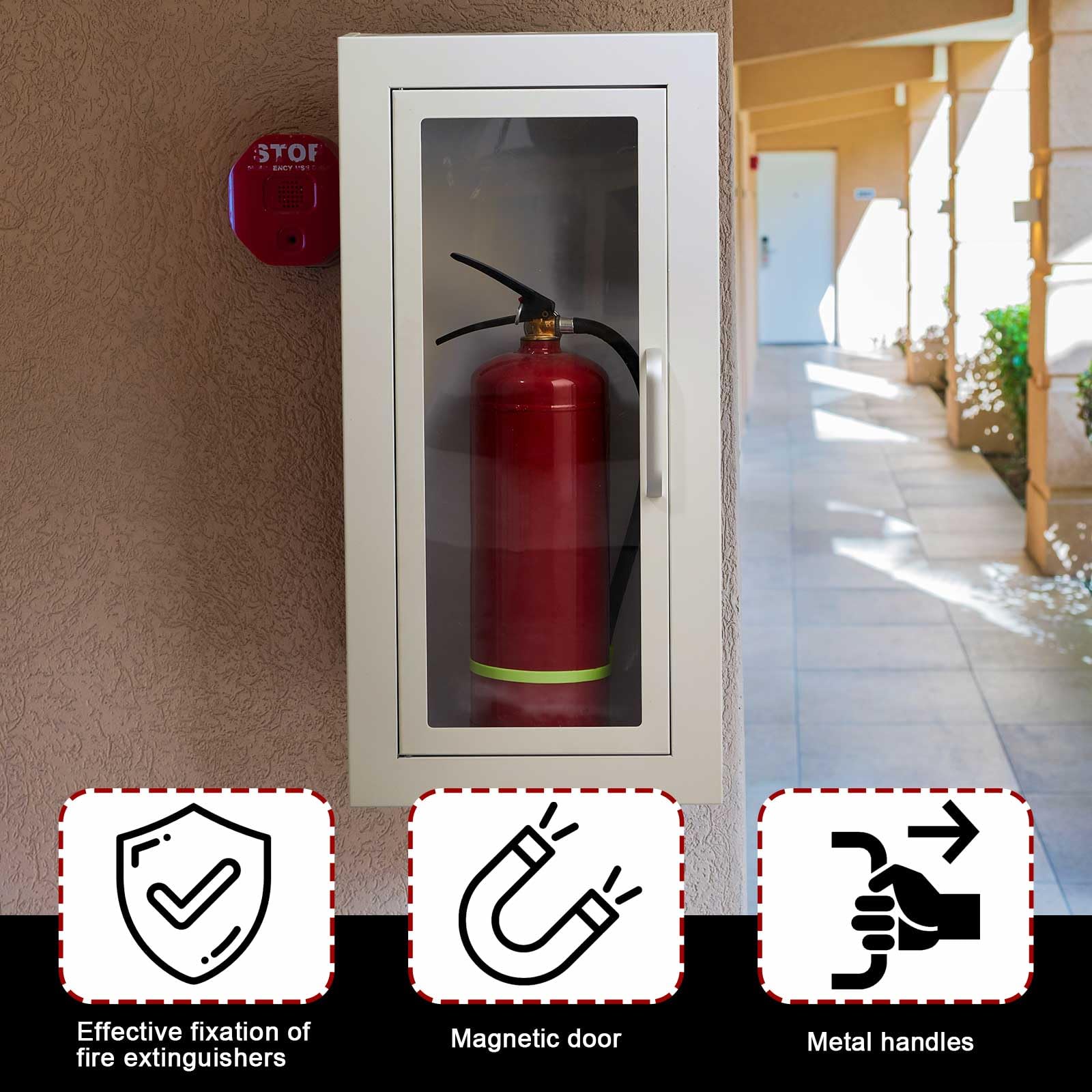 Zonon 1 extintor de incendios para pared y superficie de 27 3/8 pulgadas de alto x 13 7/8 pulgadas de ancho x 6 1/2 pulgadas de profundidad, soporte de caja de extintor de incendios de acero blanco