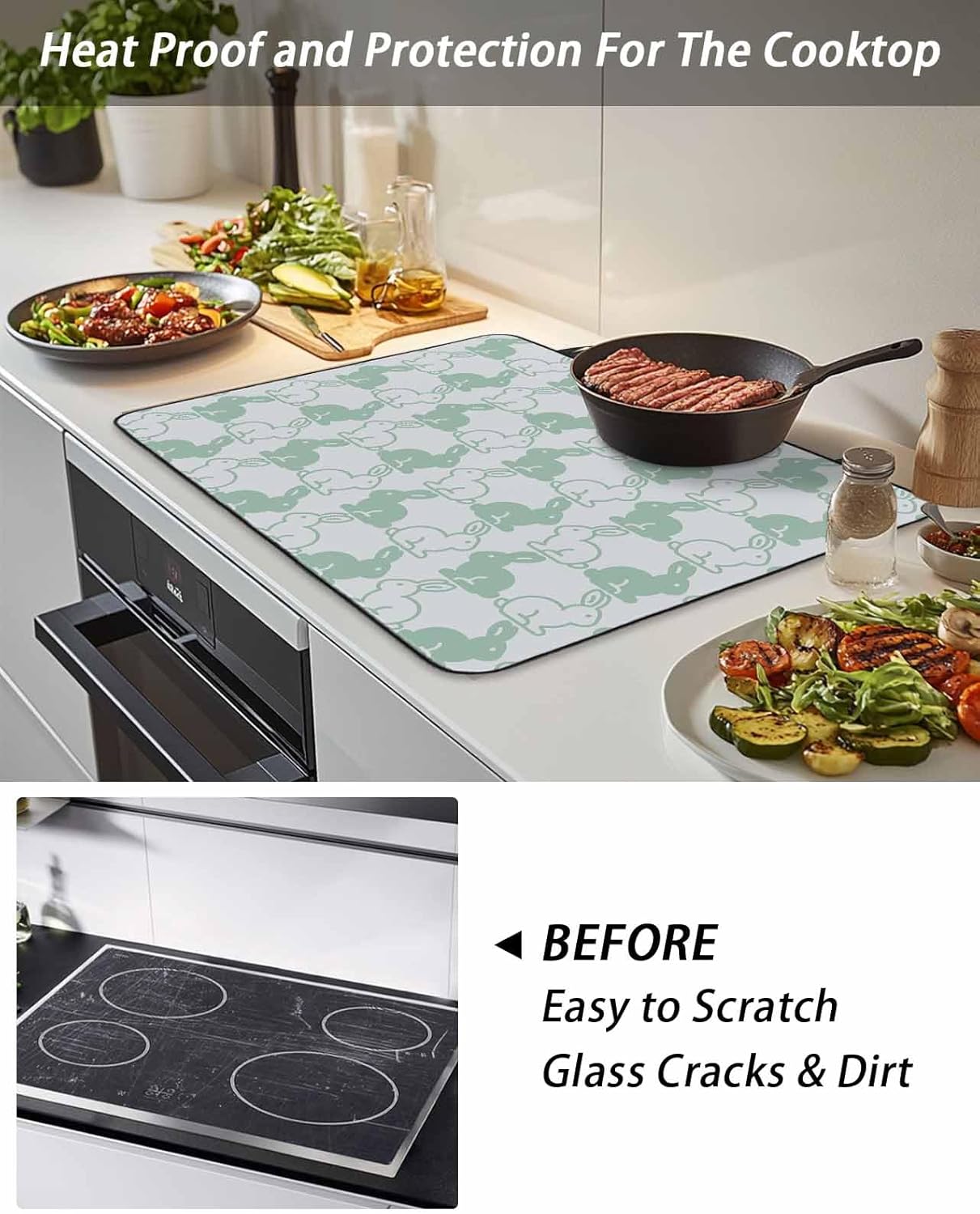 Easter Animals Stove Cover for Electric Stove, Green Rabbits Cartoon Gray Background Stove Top Cover for Glass Top, Heat Insulation Rubber Mat Foldable Cooktop Top Protector, 24"x21"