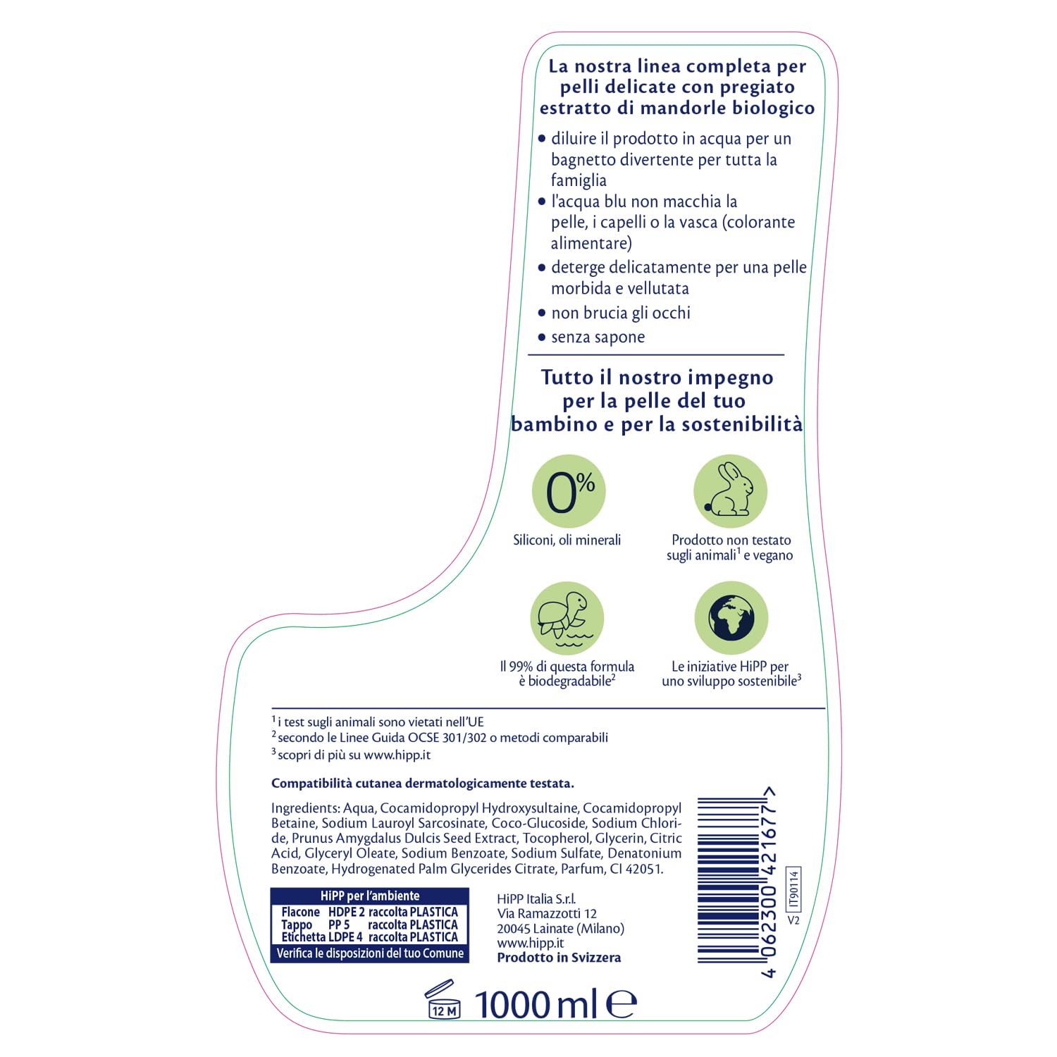 HiPP Baby Care - Happy Bagnetto HiPP, Bagnoschiuma Bambini, Formato Famiglia, per Pelli Sensibili, pH Neutro, con Estratto Naturale di Mandorle Bio, 1 Flacone da 1000 ml, Bagnetto Neonato