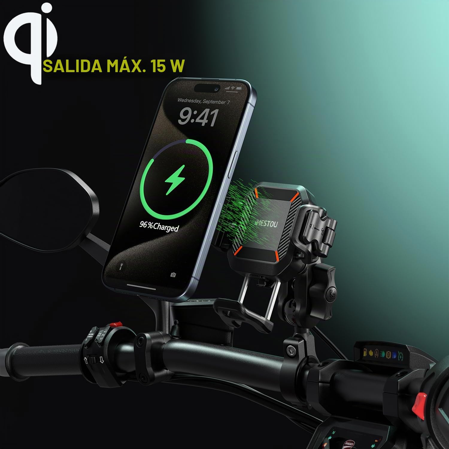iMESTOU Soporte Inalámbrico USB C para Motocicleta, Antivibración, Bola de 25MM Soporte para Teléfono Qi Adecuado para Teléfonos de 5.2"-7.2" de Grosor hasta 15mm de Grosor para Manillares de 22-32mm