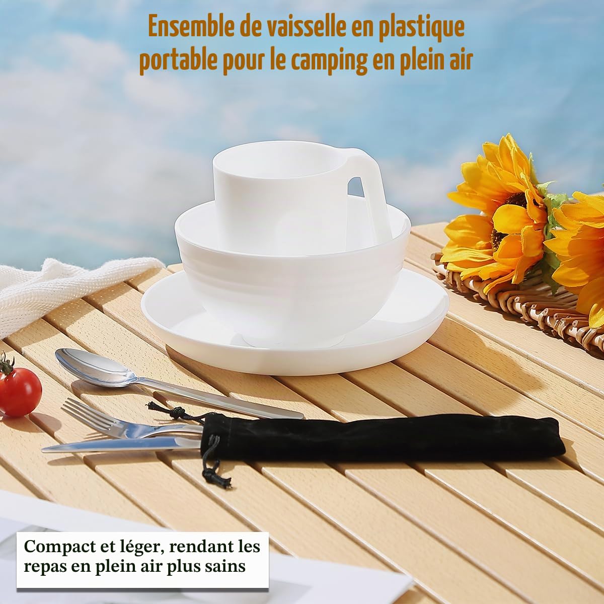 Kit d'ustensiles de Camping Reanea amping Mess pour Voyage, Camping, Pique-Nique, Plein air, équipement de Camping Comprenant Couteau, cuillère, Fourchette, Couverts, Tasse, Bol, Assiette, Essentiel