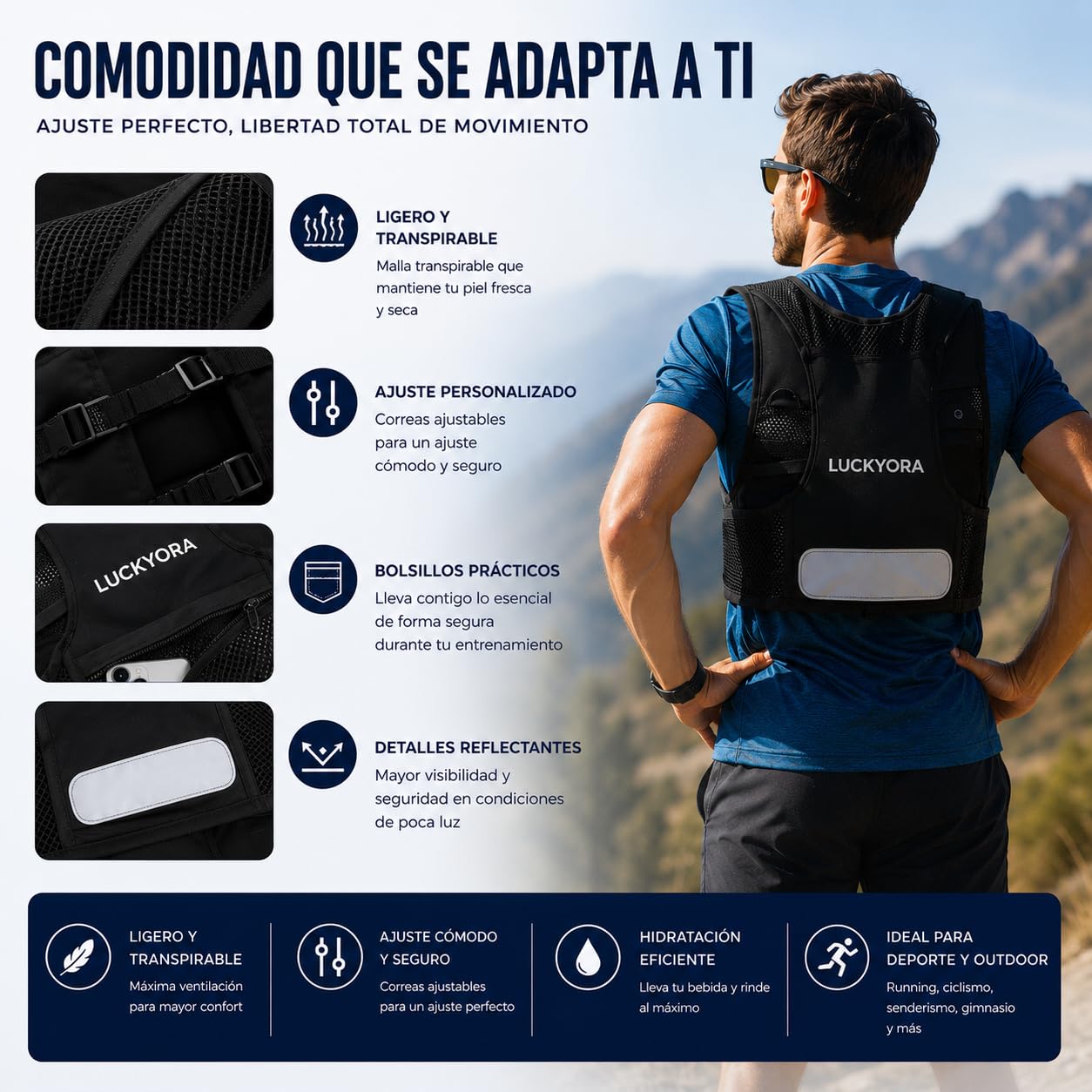 Gilet de course pour homme et femme - Sac à dos d'hydratation avec Soft Flask 500 ml, casquette et poignet - Gilet léger respirant pour course