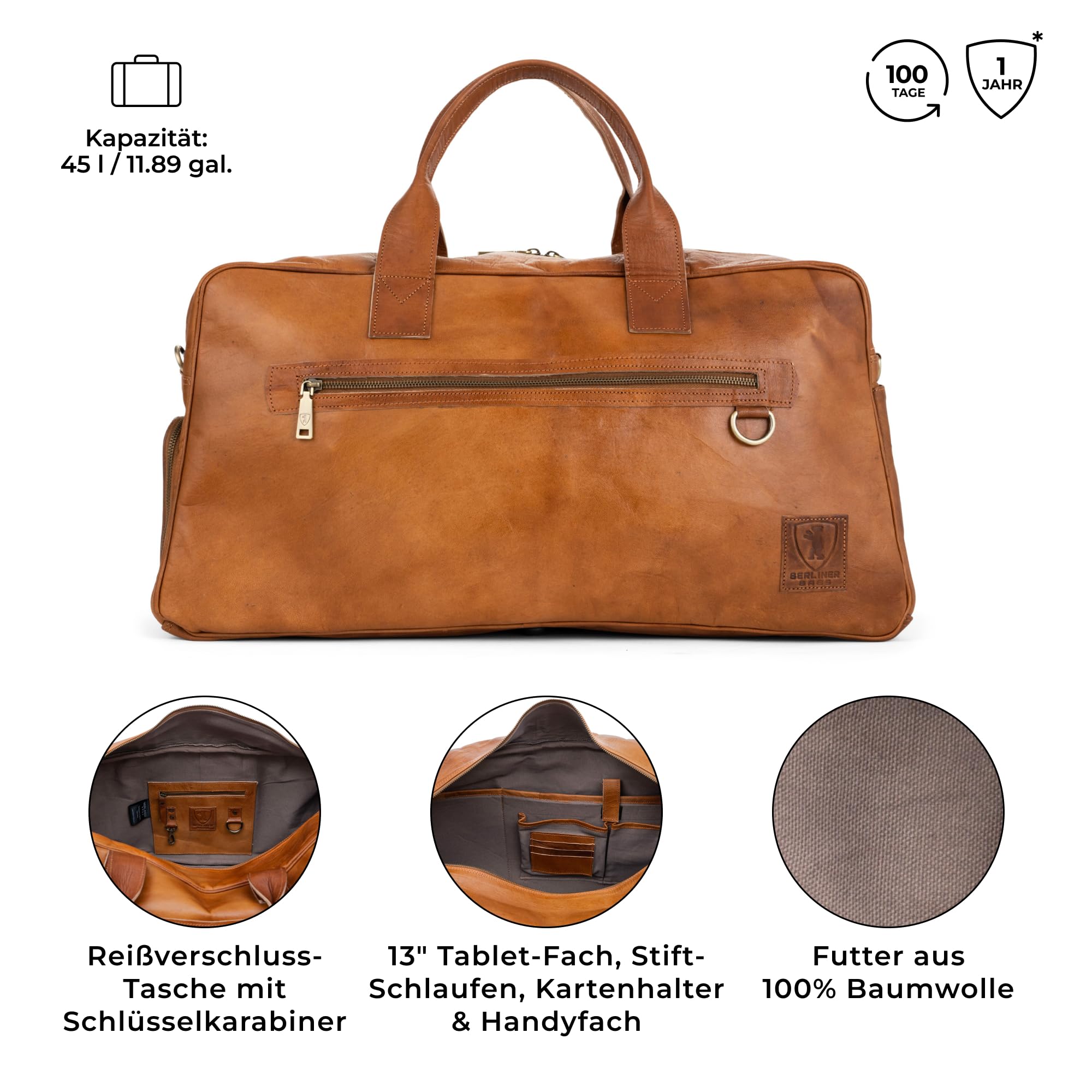 Berliner Bags Vintage Weekender Austin XL mit Schuhfach aus Leder, Reisetasche für Damen und Herren - Braun