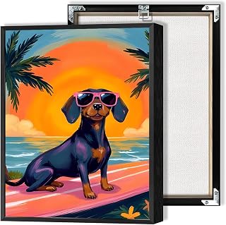 Trendy Surfboard Dachshund Canvas Posters Colorful Coast Surf Dog Wall Art Summer Beach Animal Dog Leisure Prints Painting For Living Room Bedroom Bathroom Wall Decor 12x16in Unframed
