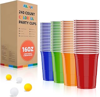 AOLUXLM Disposable Plastic Cups, Colorful Plastic Party Cups for Easy Cleanup and Large Gatherings, Red Cups for BBQs, Birthdays, Parties, and More, 16 OZ, 240 Count, with 20 balls (4 colors)