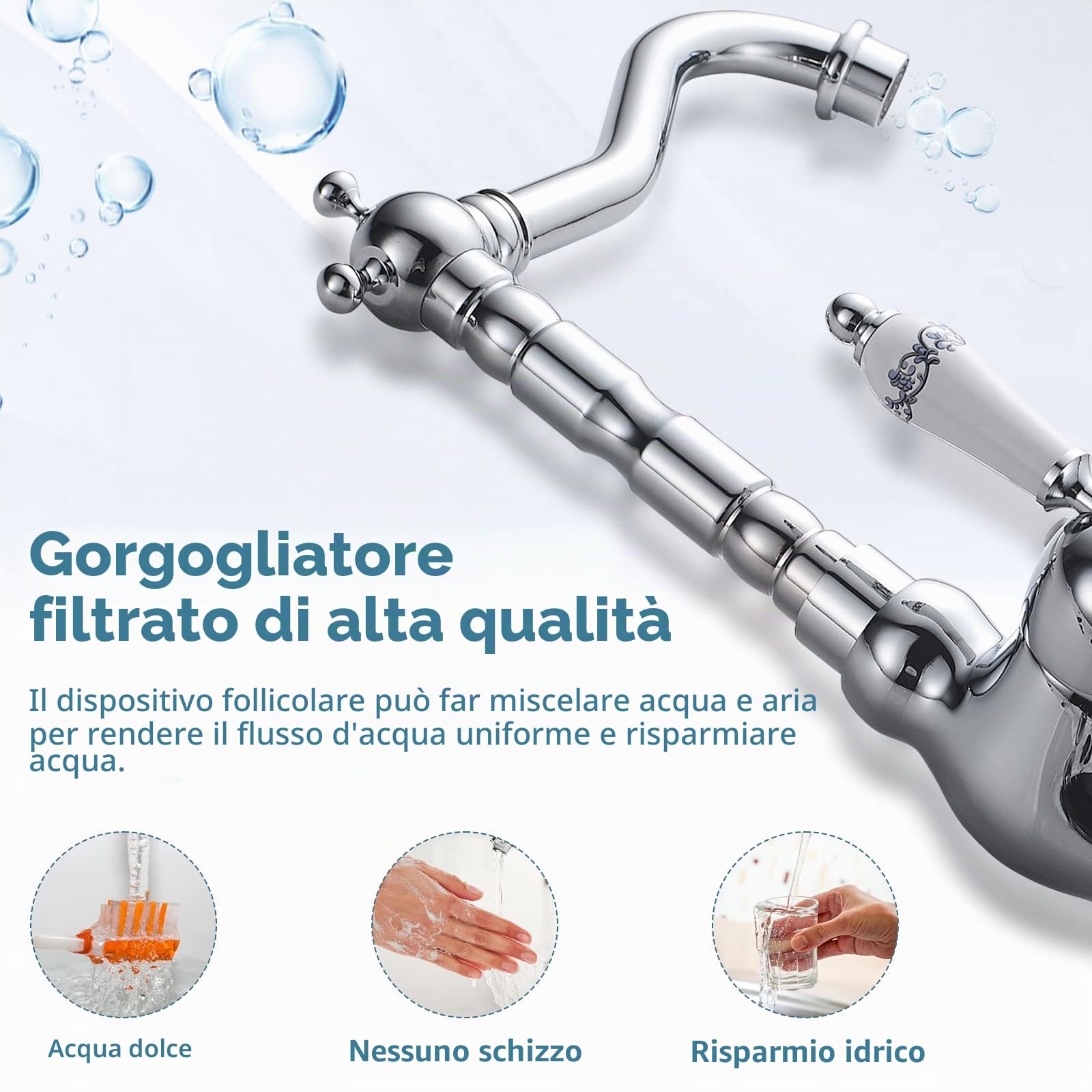 Rubinetto Ottone Antico Bacino,Rubinetto Alto per Lavabo Bagno,Cromato Monocomando Miscelatore Vintage,G3/8