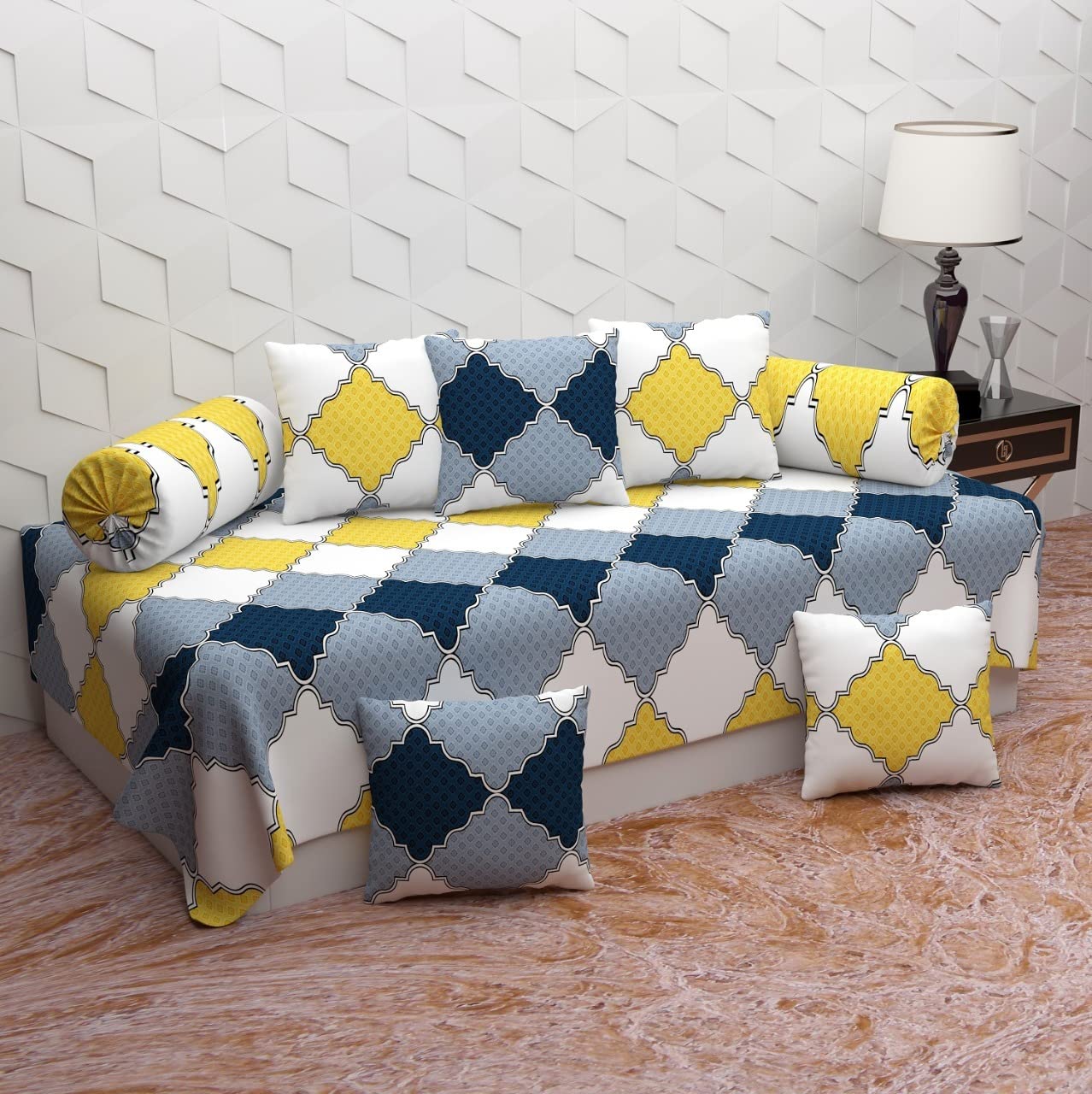 Navy Blue Floral Diwan Set - 8 Piece Microfiber -7