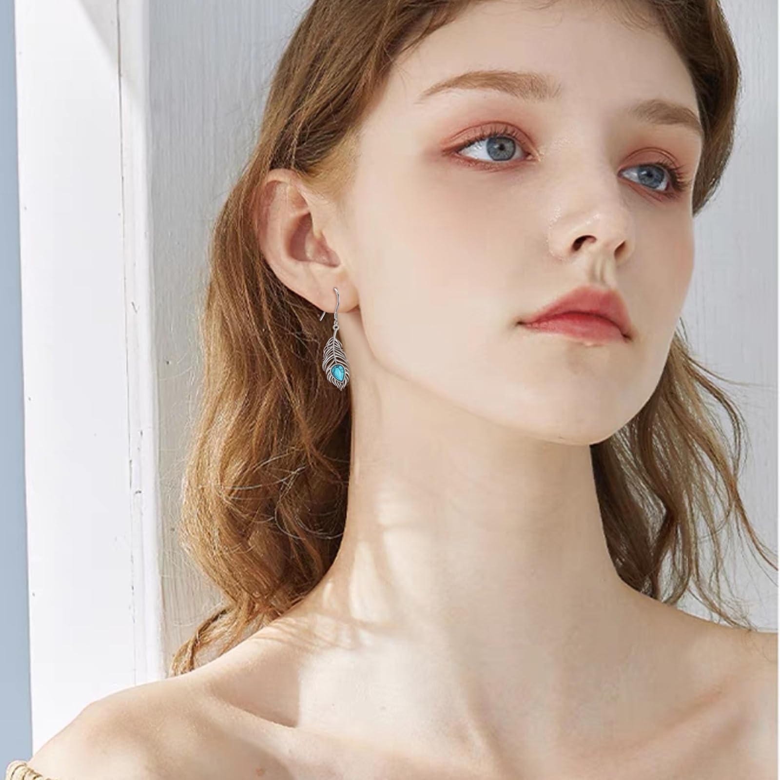 Orecchini pendenti da donna in argento Sterling 925 con piume turchesi, gioielli in stile occidentale