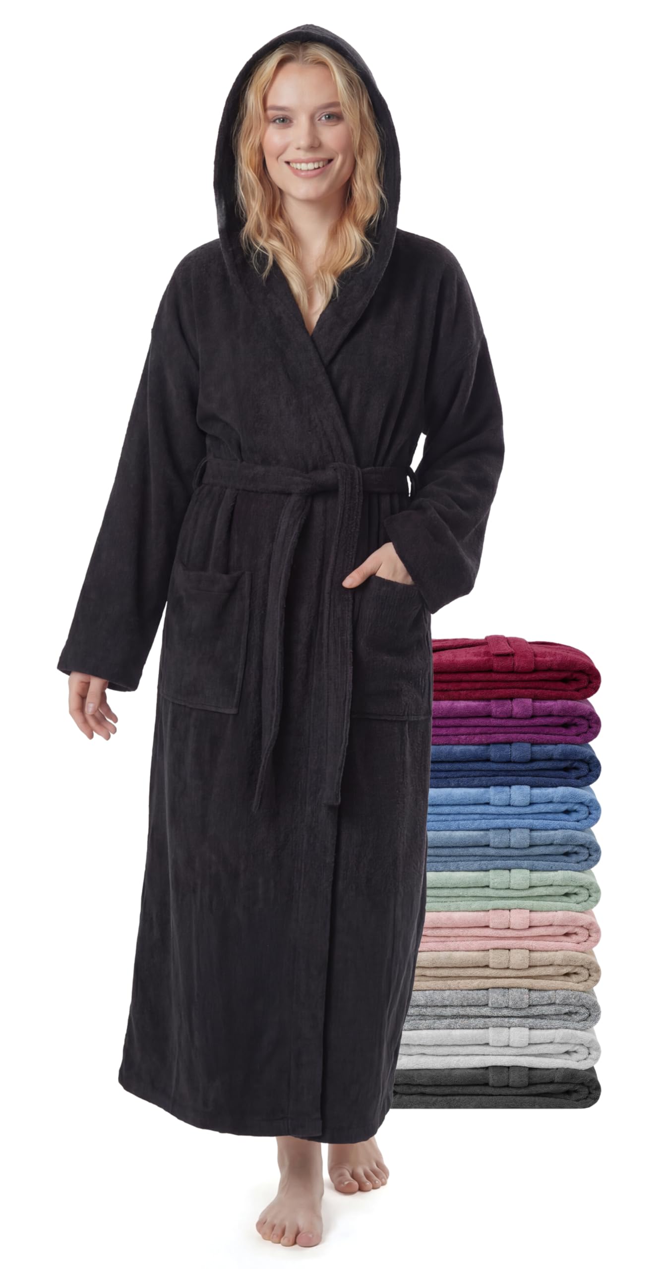 Jazzylab Women's Black ’S Extra Long Bathrobe With Hood, 100% Cotton Terry 380 Gsm, L-Xl Long