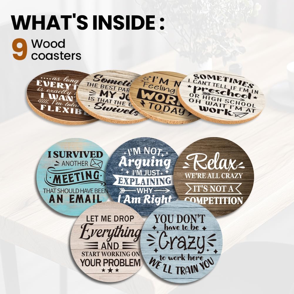 ANATTASOUL Coasters Set of 9 Humor Office Work Pattern Colorful Wooden Coasters Bulk Round Housewarming Gift for New Home, 3.9" Decorative Coffee Table Protection for Farmhouse Bar House Decor - Image 4