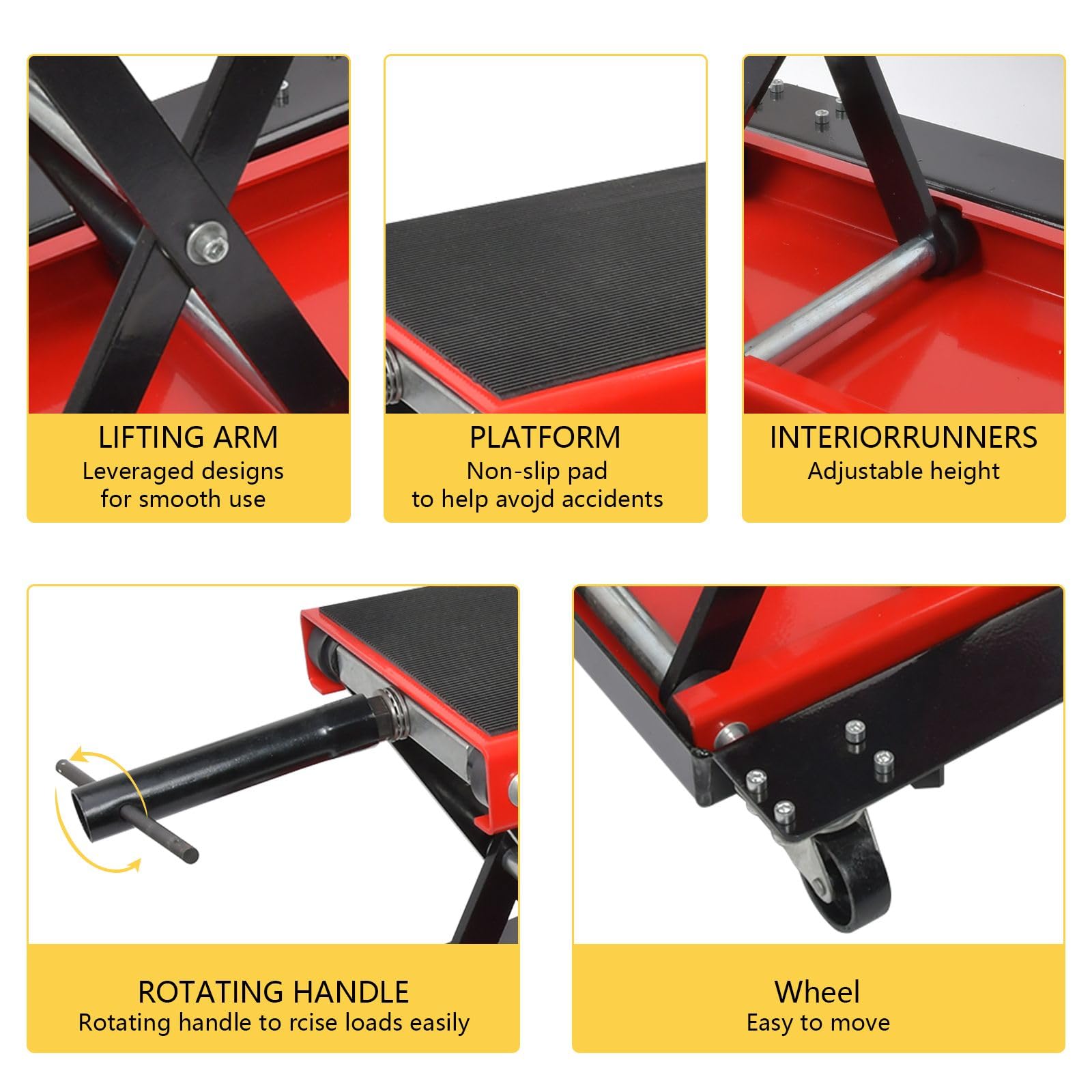 Cric de Moto Levage 500 kg Hauteur 130-407mm Pont élévateur Moto Chariot en Acier Plate-Forme Cric de déplacement Élévatrice Moto Lève Sécurisée Table Réparation Quad ATV Atelier Rouleaux à 360°