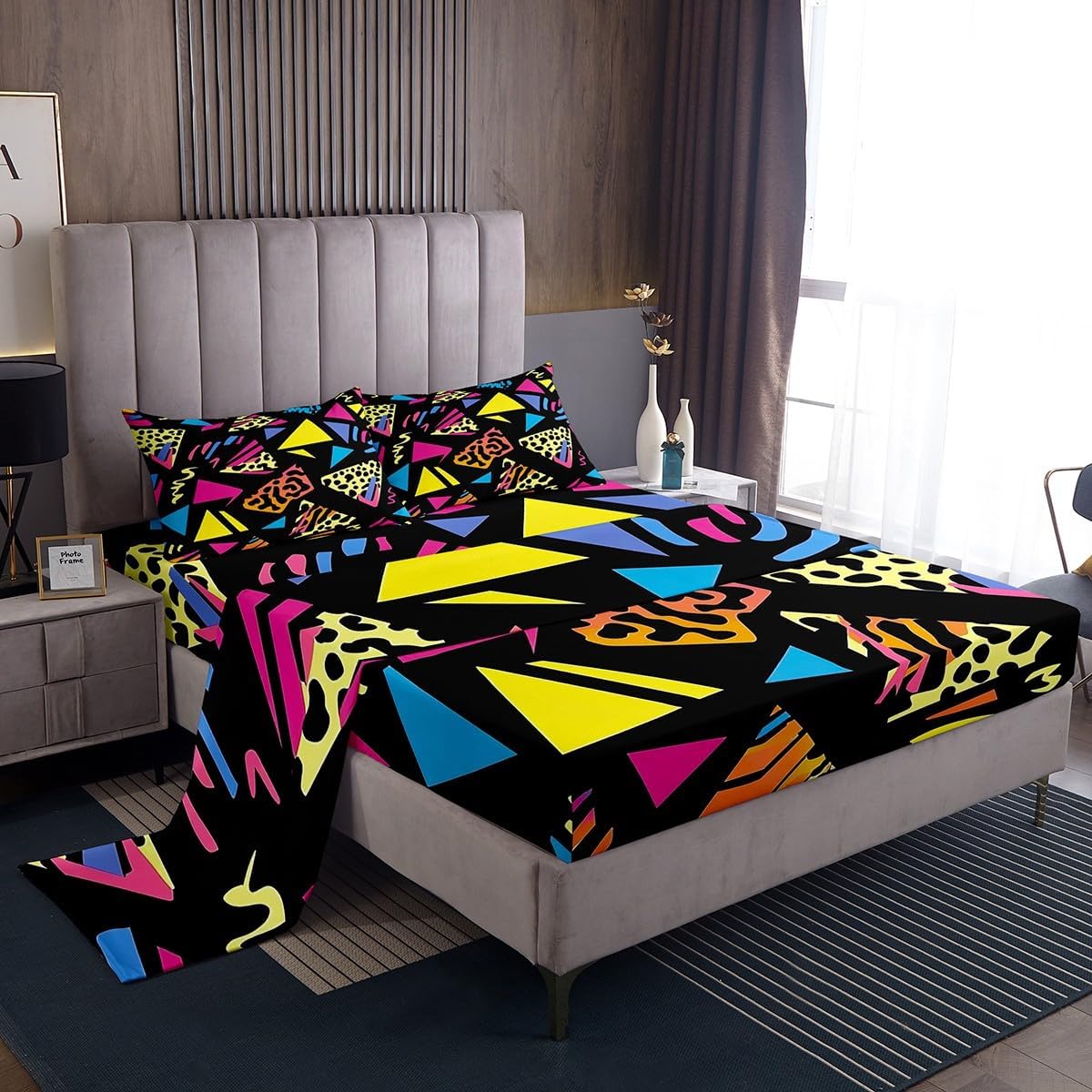 Erosebridal Memphis Pattern Sheet Set Full Size, Retro 80s 90s Bed Sheets, Funky Fitted Sheet, Memphis Style Decor, 80s Backdrop, Flat Sheet, Vintage 1980 Party