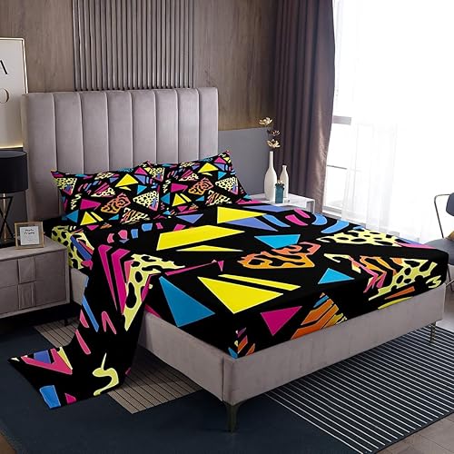 Erosebridal Sábana bajera ajustable de los años 80, juego de sábanas geométricas de los años 80 y 90, decoración de Memphis, 80 estilos para