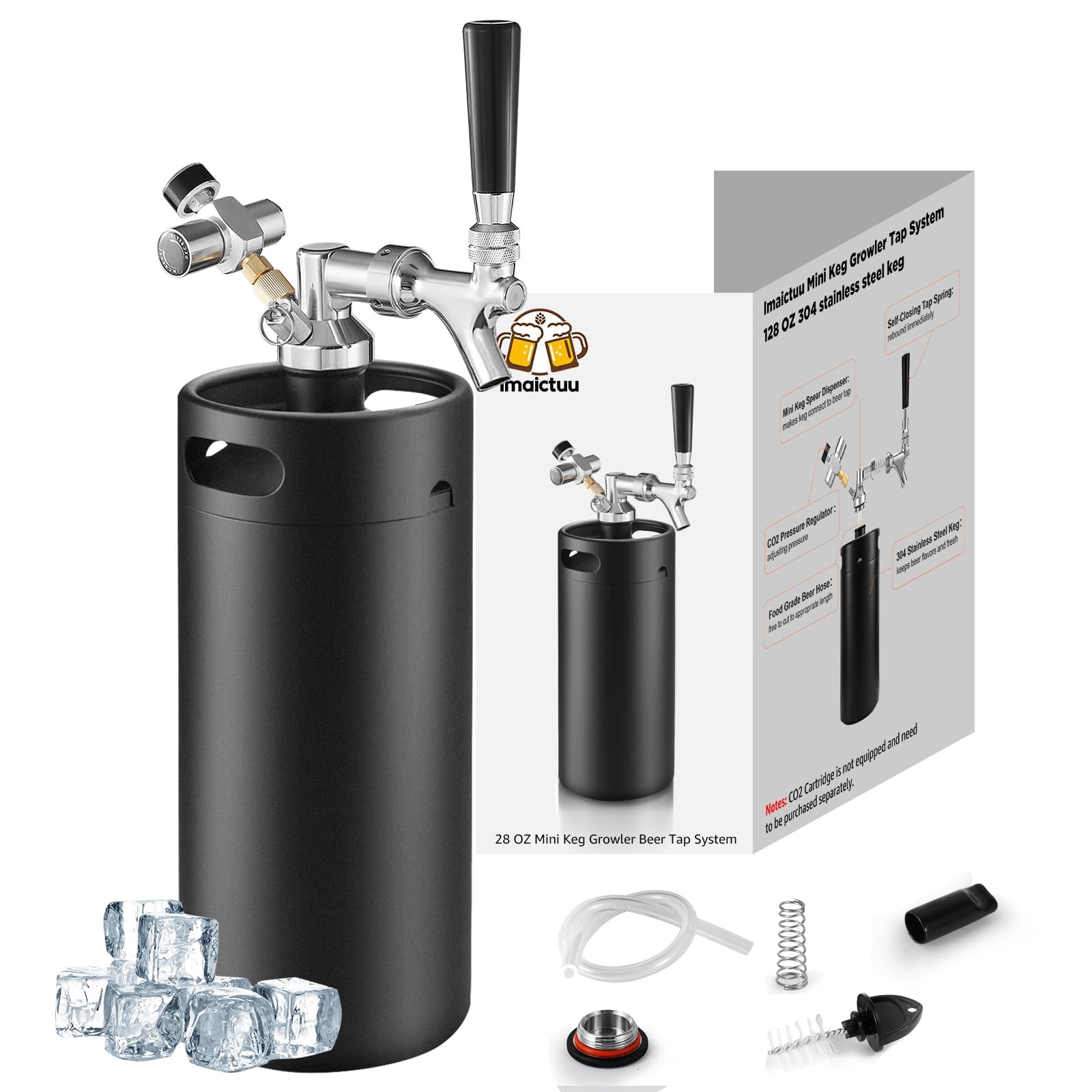 128 OZ Mini-Fass-Growler-Bierzapfanlage, tragbares Edelstahlfass mit selbstschließendem Federhahn und 0-60 PSI Fassregler, Bierzapfanlage für Fassbier (Mattschwarz)