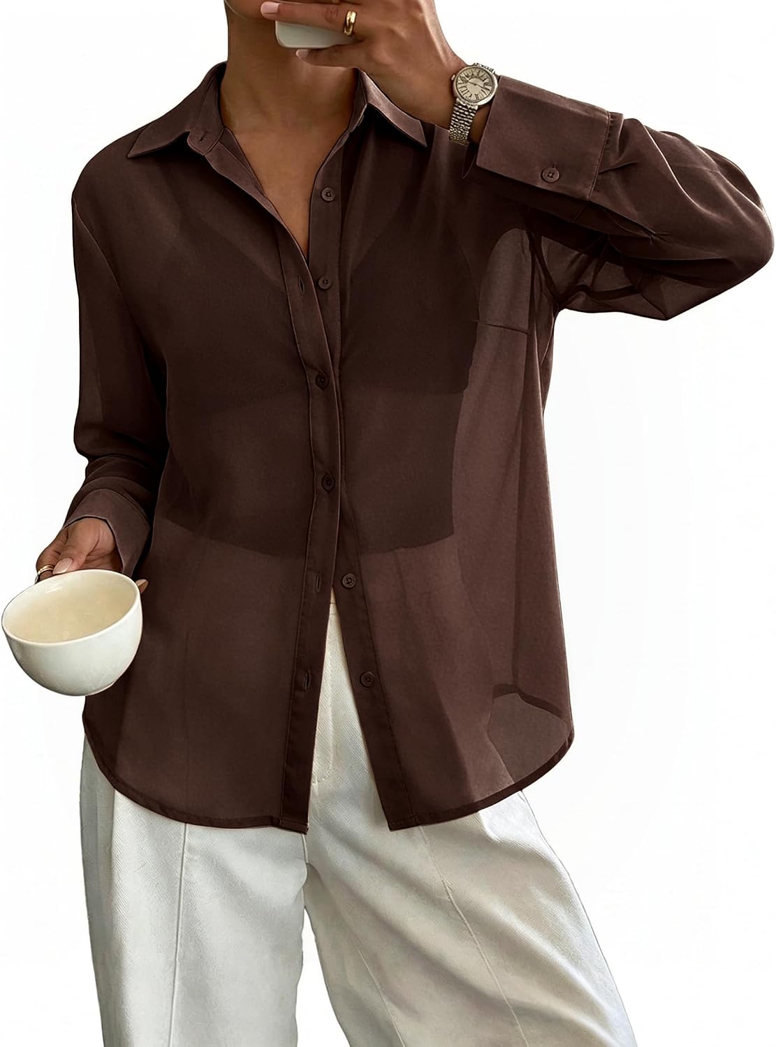 Totatuit Women's Sheer Button Up Blouse See Through Tops Sexy Button Down Shirt Beach Cover Up