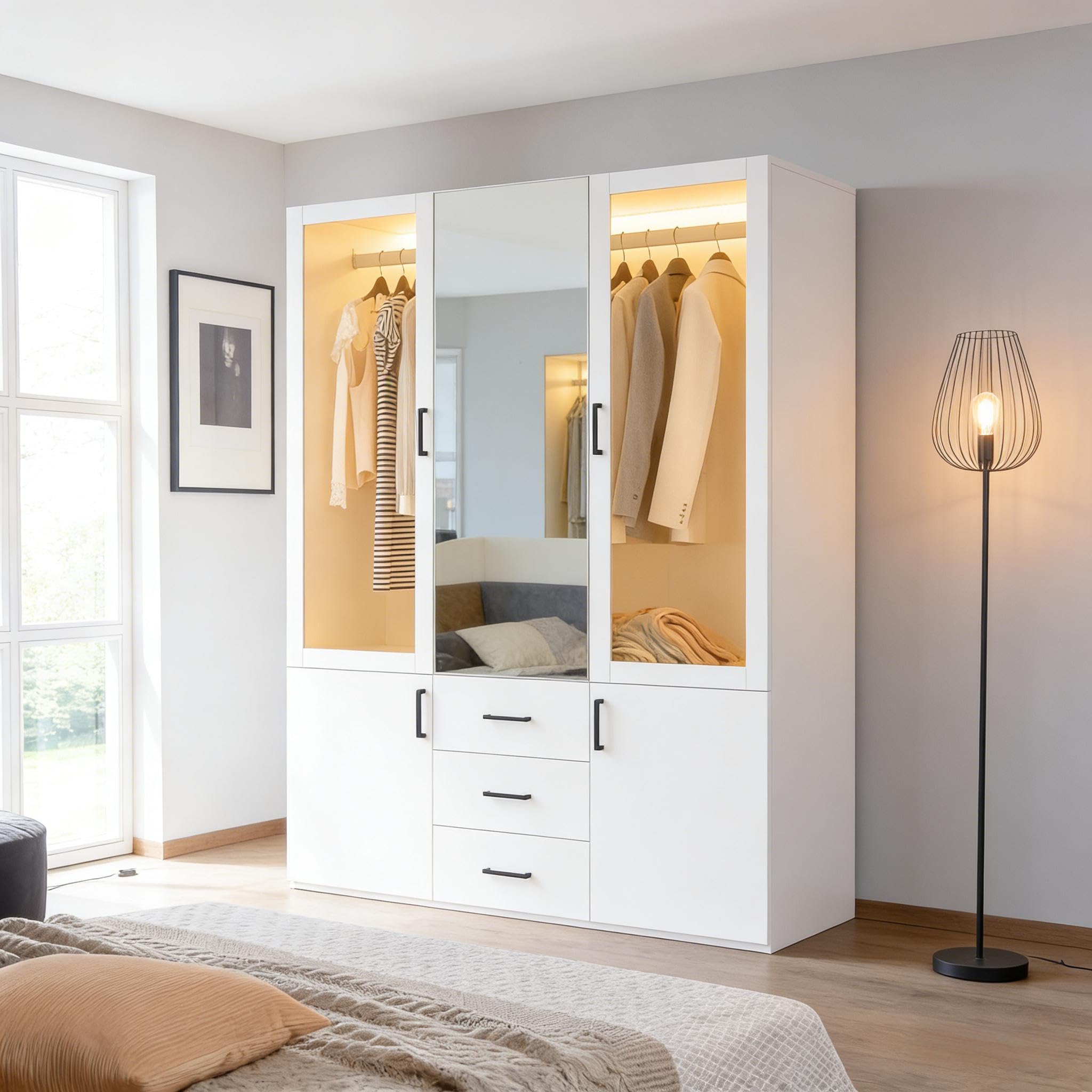 Armadio Guardaroba 2 Ante con LED e specchio, armadio camera da letto adulto con 2 ante in vetro e 3 cassetti, armadi multifunzione con asta per vestiti armadio portaoggetti per vestiti (bianco-3)