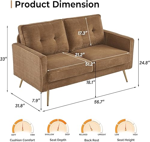 Miniatura 3 de VINGLI Sofá biplaza moderno color caqui de 56 pulgadas, sofá pequeño de pana para sala de estar, sofá biplaza de 2 plazas para dormitorio,