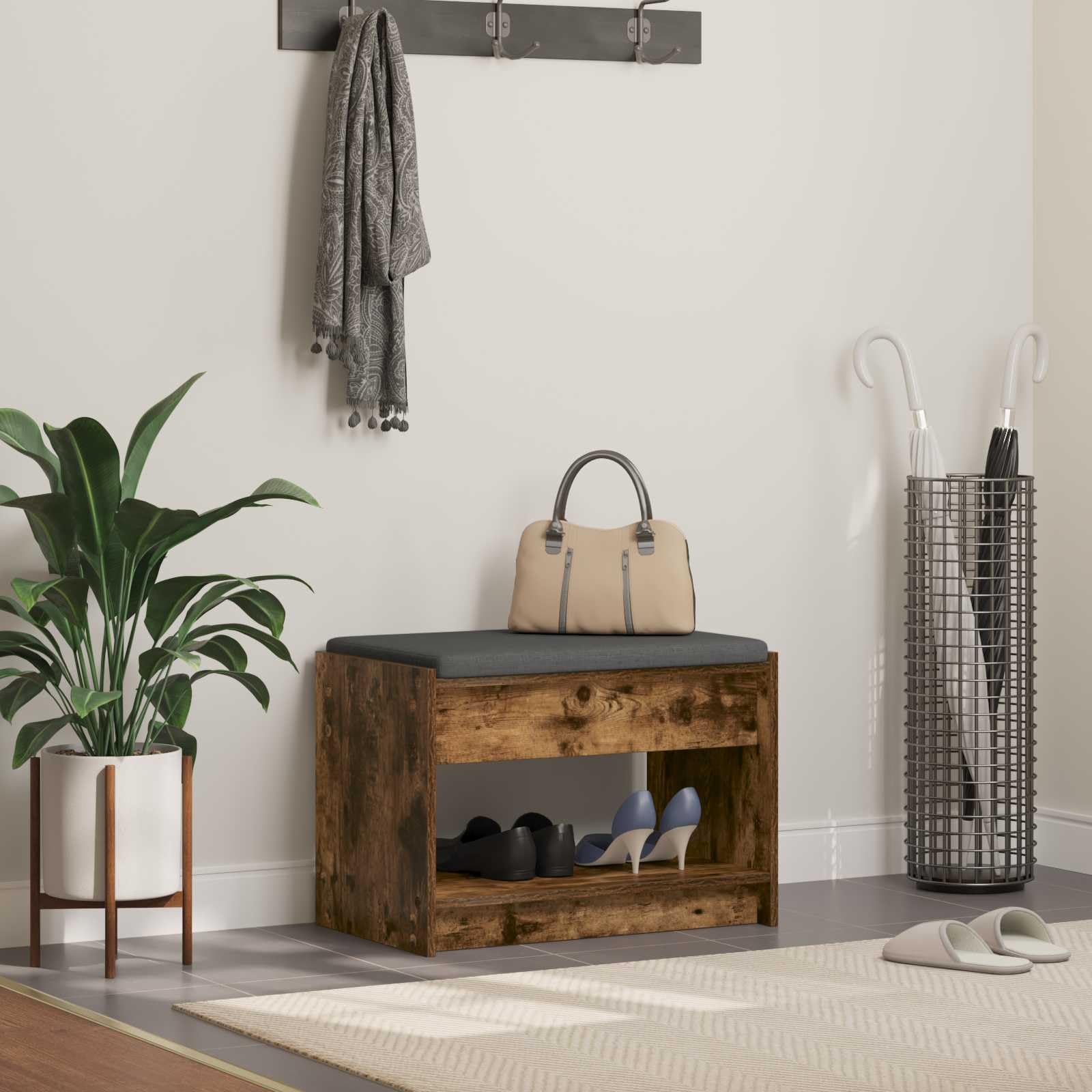 Banc porte-manteau rembourré en chêne fumé pour organiser l'entrée et ranger vos chaussures