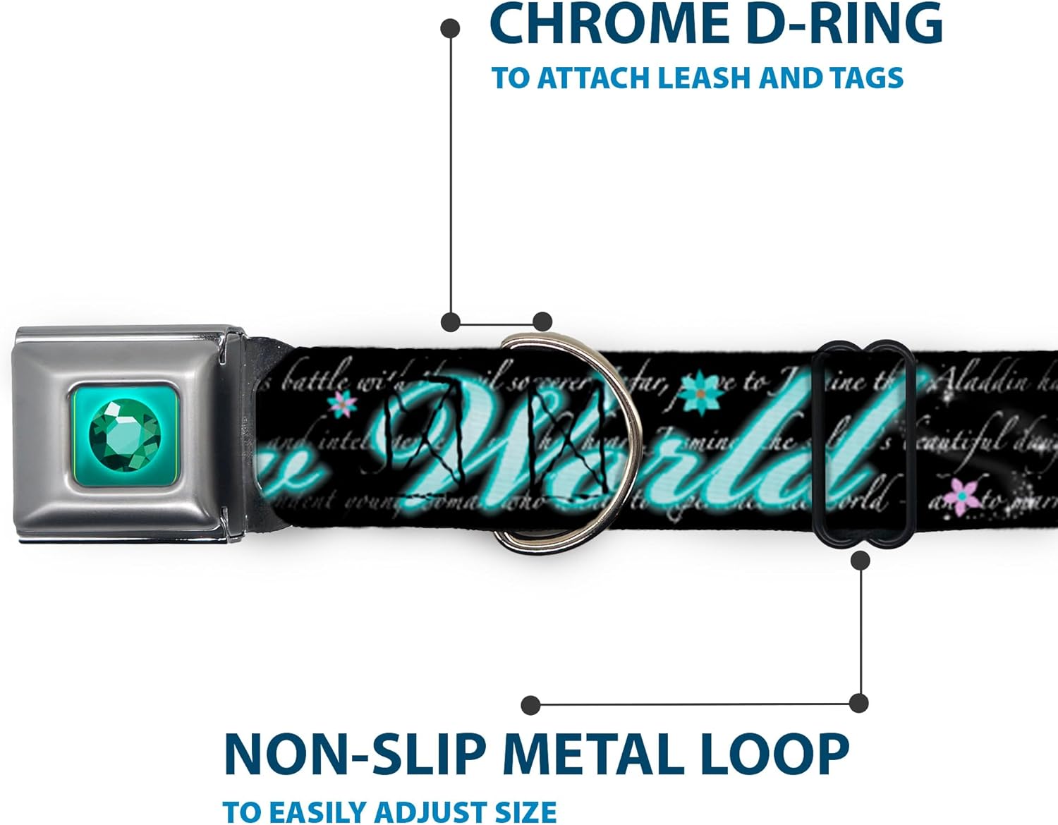 Buckle-Down Seatbelt Buckle Dog Collar - Aladdin A WHOLE NEW WORLD/Story Script - 1" Wide - Fits 15-26" Neck - Large