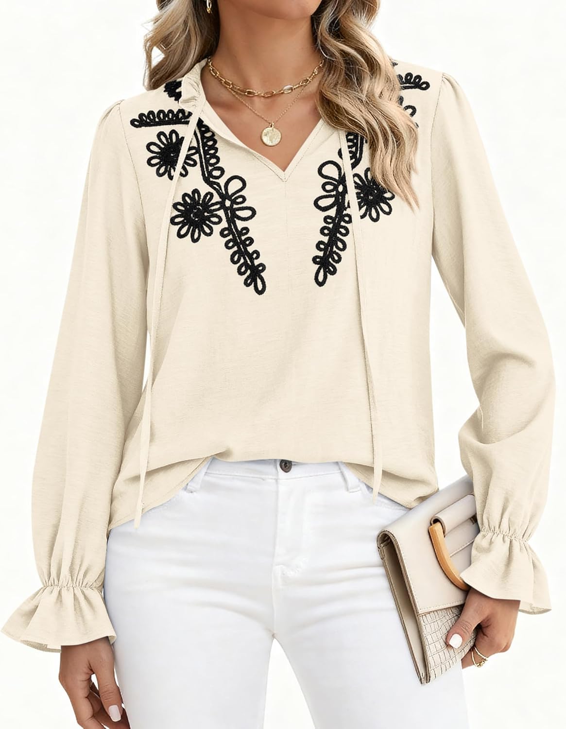 BTFBM Womens Tops Dressy Casual Fall 2025 Boho V Neck Ruffle Long Sleeve Shirts Floral Embroidered Work Business Blouses - Image 2