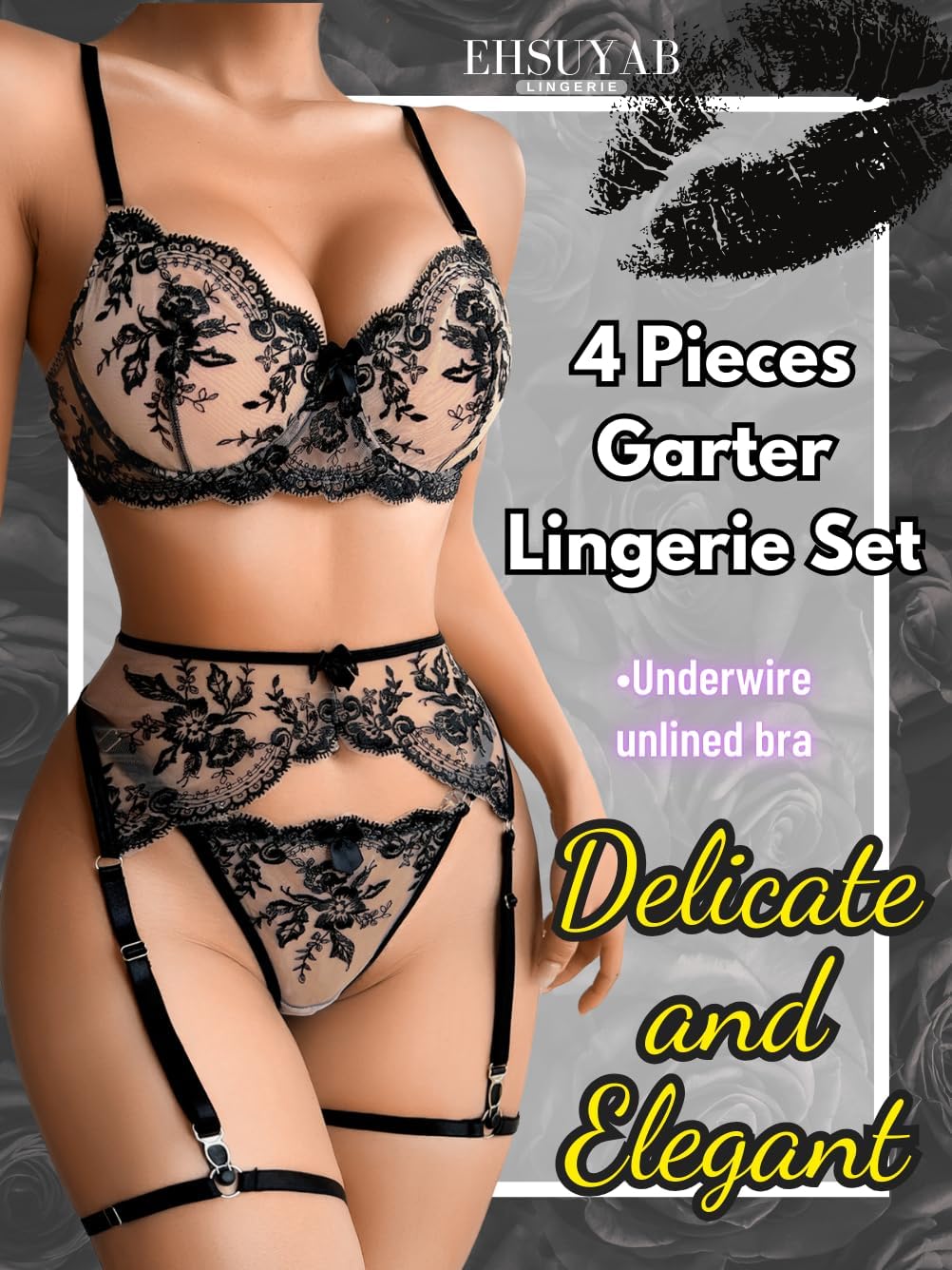EHSUYAB 4Pc Womens Lingerie, Classy Floral Embroidery, Satin Bow, Garter Blet