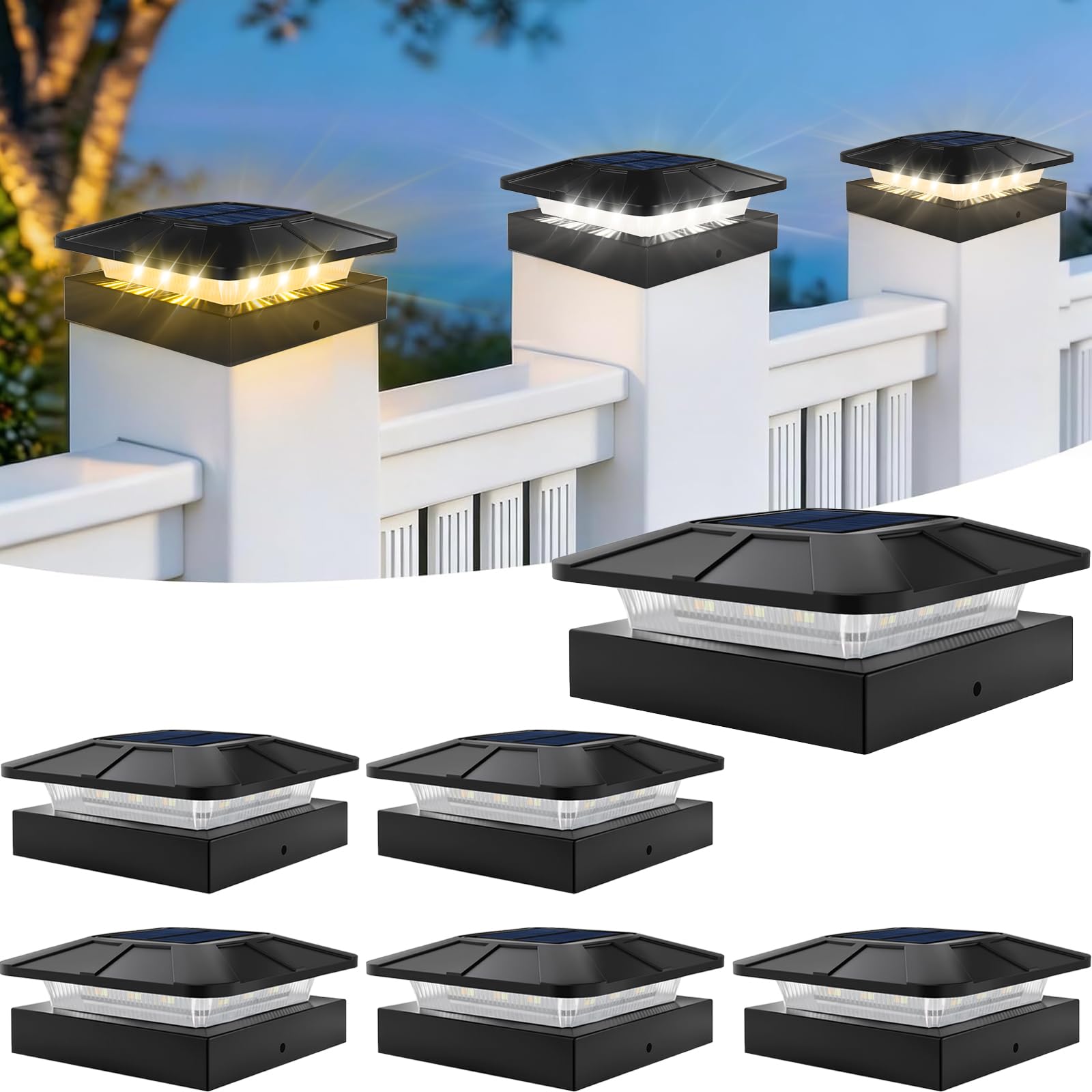 ROMANJOY 4x4 Post Solar Lights, 3 Colors Solar Fence Lights, 2 Brightness Solar Post Cap Lights Waterproof, Deck Lights for Wood/Vinyl Posts, Garden, Patio, Stripe Light, 6 Pack
