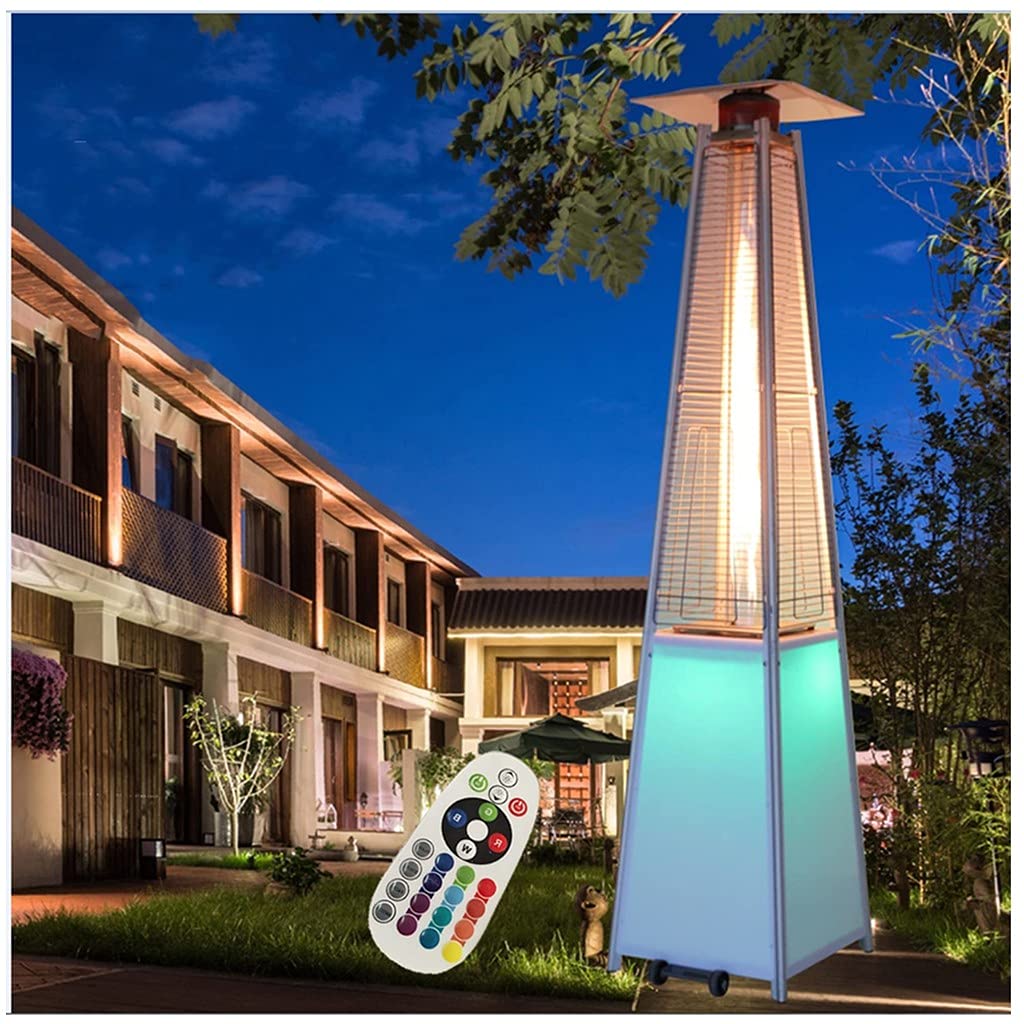 Riscaldatore Da Esterno A Propano A Piramide Da 48000 BTU Con Luci A Led Tubo Di Vetro Fiamma, Ruote, Accensione Rapida A Impulsi, Stufa Da Esterno Con Spegnimento Automatico Per Patio