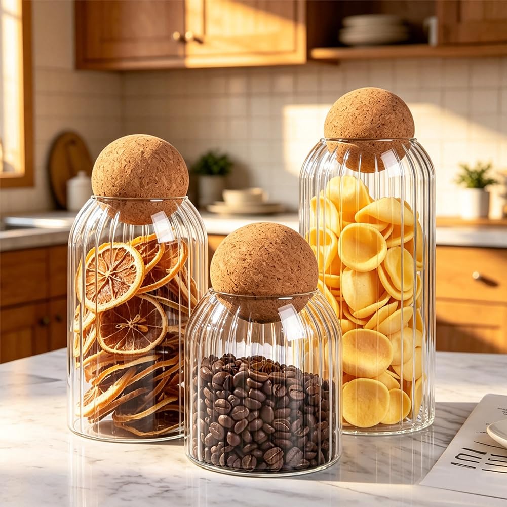 PH PandaHall 3pz Barattoli di Vetro con Tappo a Sfera in Sughero Contenitori Trasparenti con Coperchio in Legno, 3 Dimensioni Barattoli in Vetro per Cucina Biscotti Caramelle Caffè Zucchero Riso