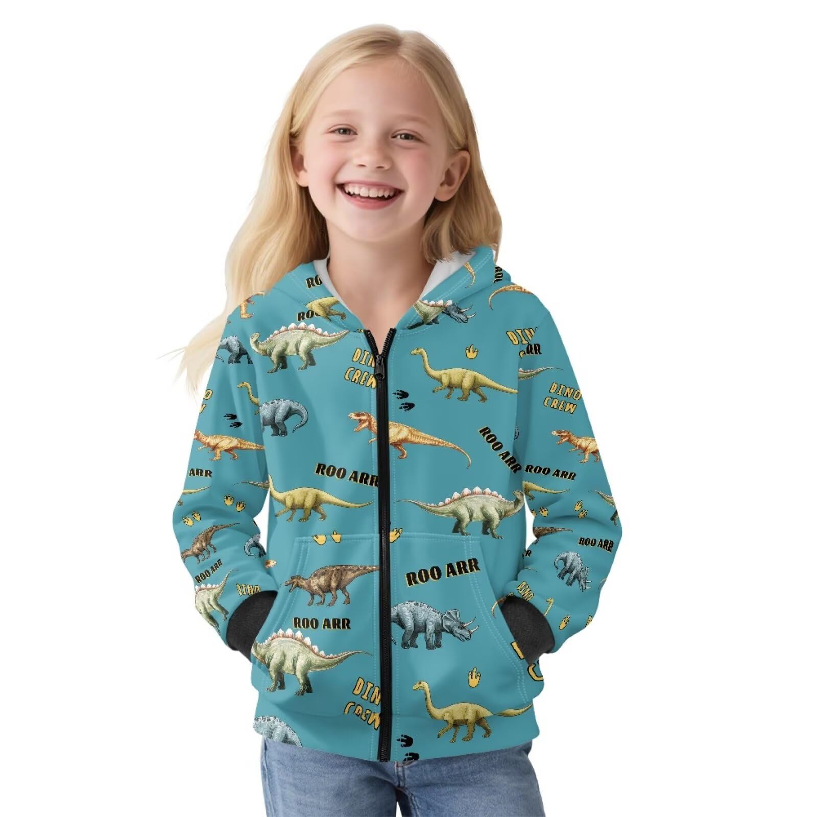 Xoenoiee Dziecięce bluzy z kapturem dla chłopców, zapinana na zamek, bluza 3D, fajna grafika zwierzęca, sweter z długim rękawem, top na jesień i zimę, Niebiesko-zielony dinozaur, 12-14 Years