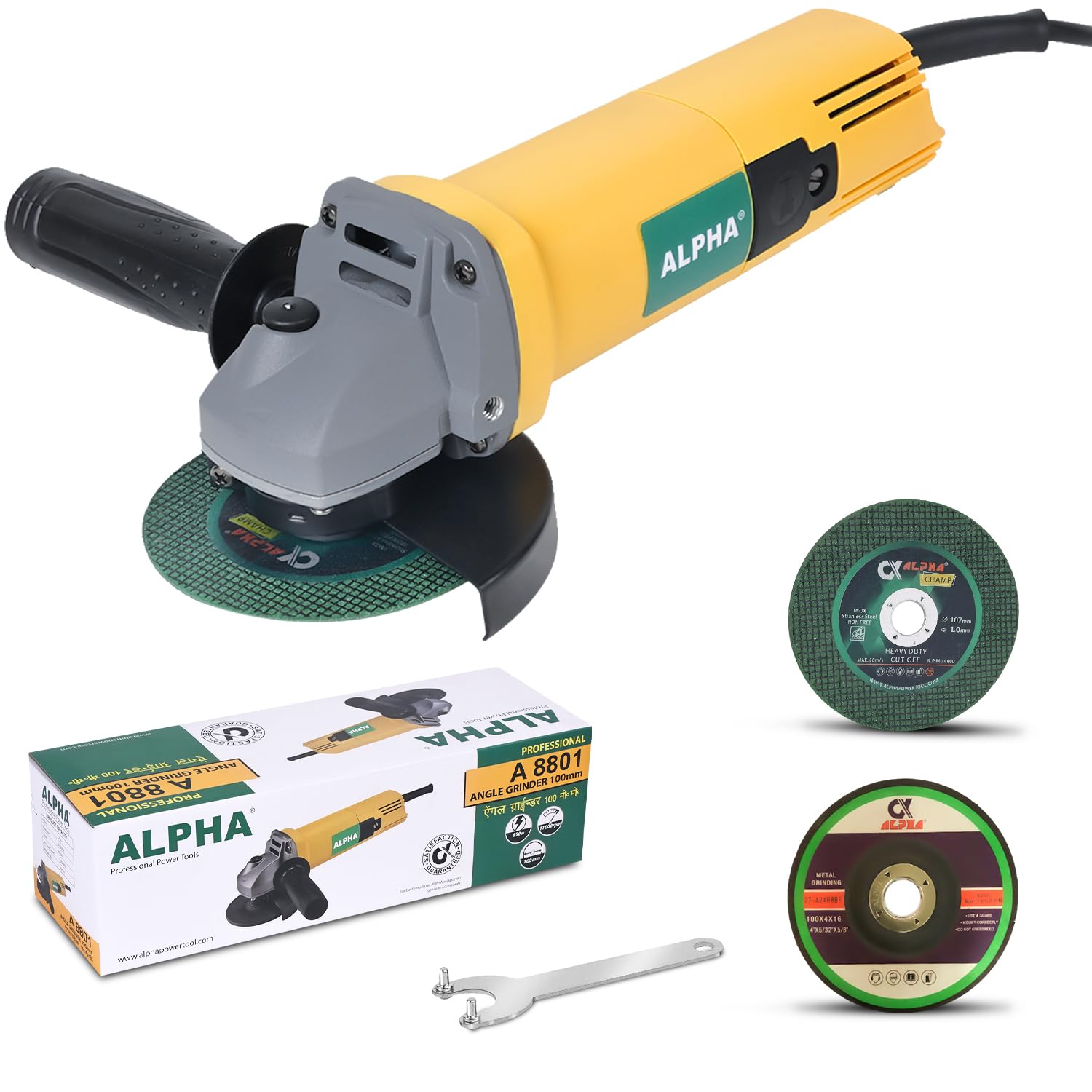 Alpha Corded Electric Angle Grinder, A-8801, 850 W Heavy Duty High Performance Motor, 100mm Disc Diameter, 11000 RPM, Included With Grinding Wheel, Cutting Wheel, Wrench, Auxiliary Handle (Yellow) (B07RD6STS7) Amazon Price History, Amazon Price Tracker