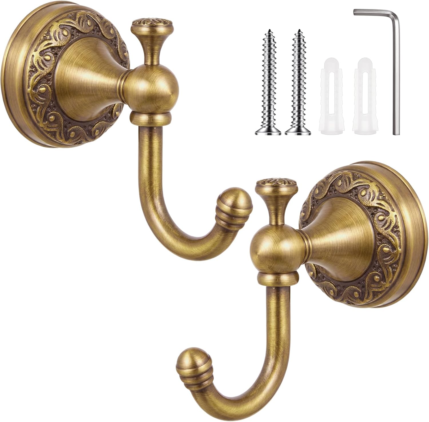 Yaocom Brass Towel Hook 2 Pack, Vintage Wall Mounted Robe Holder Heavy Duty Bathroom Coat Hanger for Towels Clothes Bathrobes, Antique Brass Decorative Hardware for Bathroom Kitchen Entryway