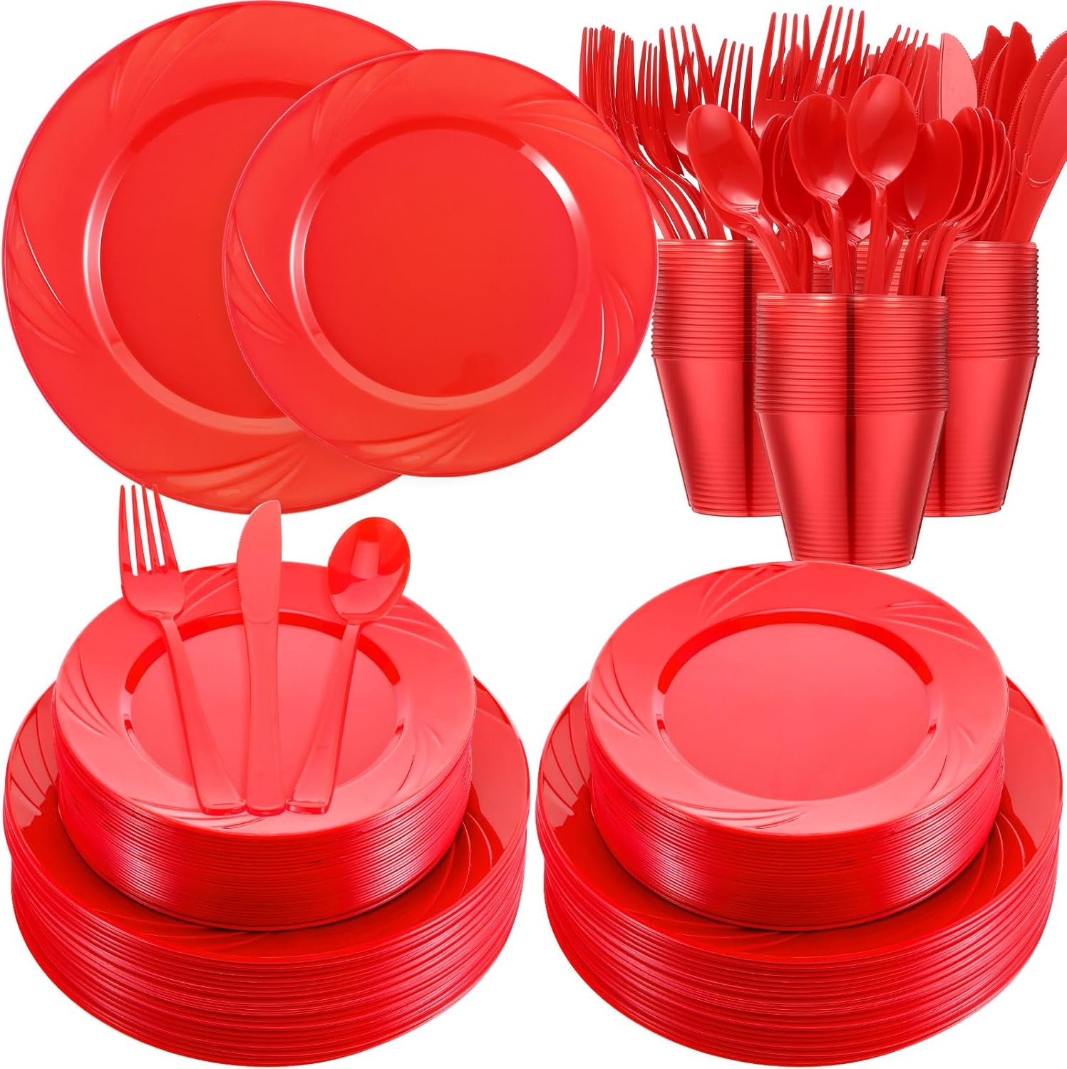 Sliner 300 Pcs Graduation Plastic Plates Set Plastic Silverware for 50 Guest Graduation Plates Party Supplies Include 50 Dinner Plate 50 Dessert Plate 50 Forks 50 Knives 50 Spoons 50 Cups(Red)
