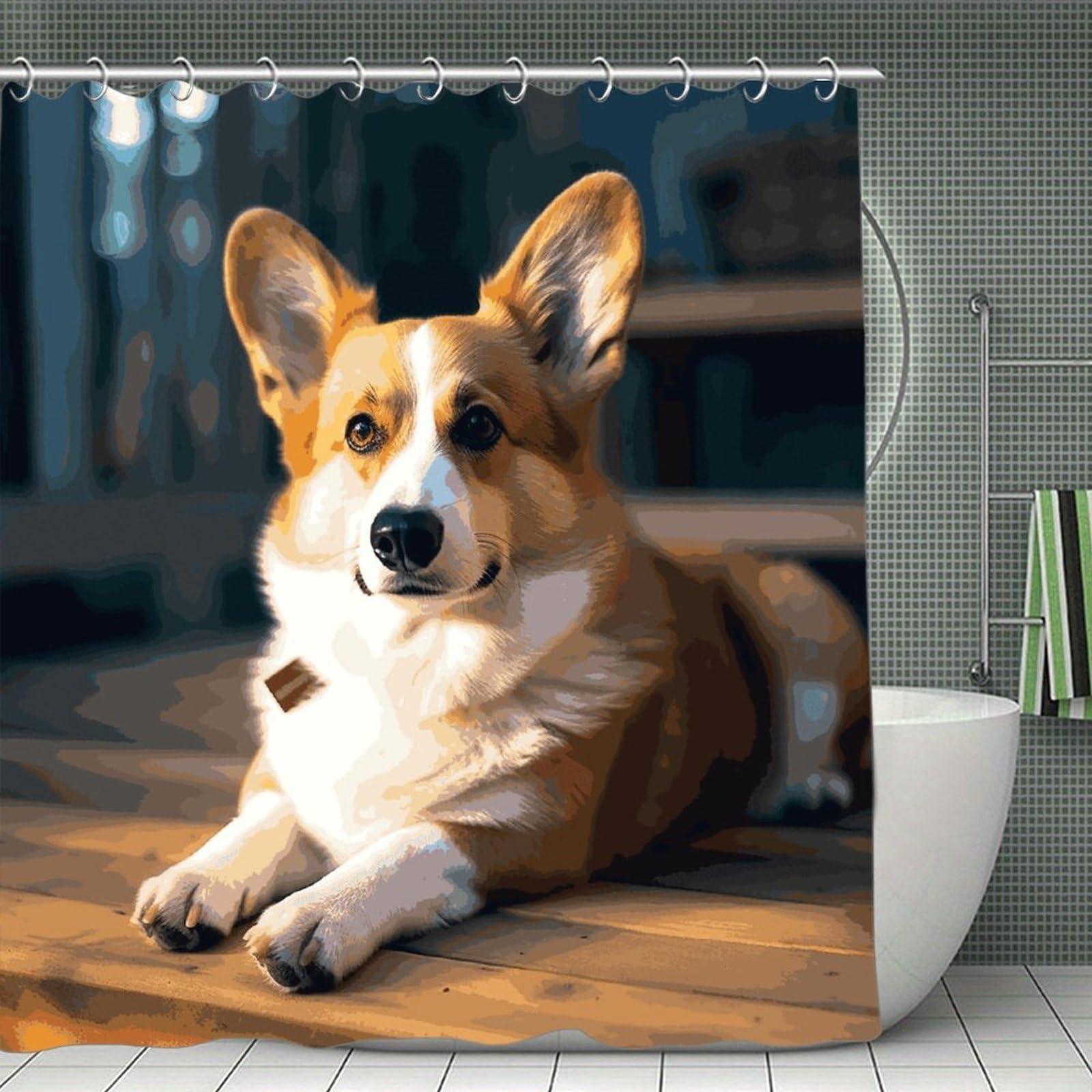 JTREHY Smart Corgi Shower Curtain Waterproof Bathroom Shower Curtain Machine Washable Bath Curtains Polyester Cloth Bath Curtains for Bathroom Showers 70.8×70.8Inch