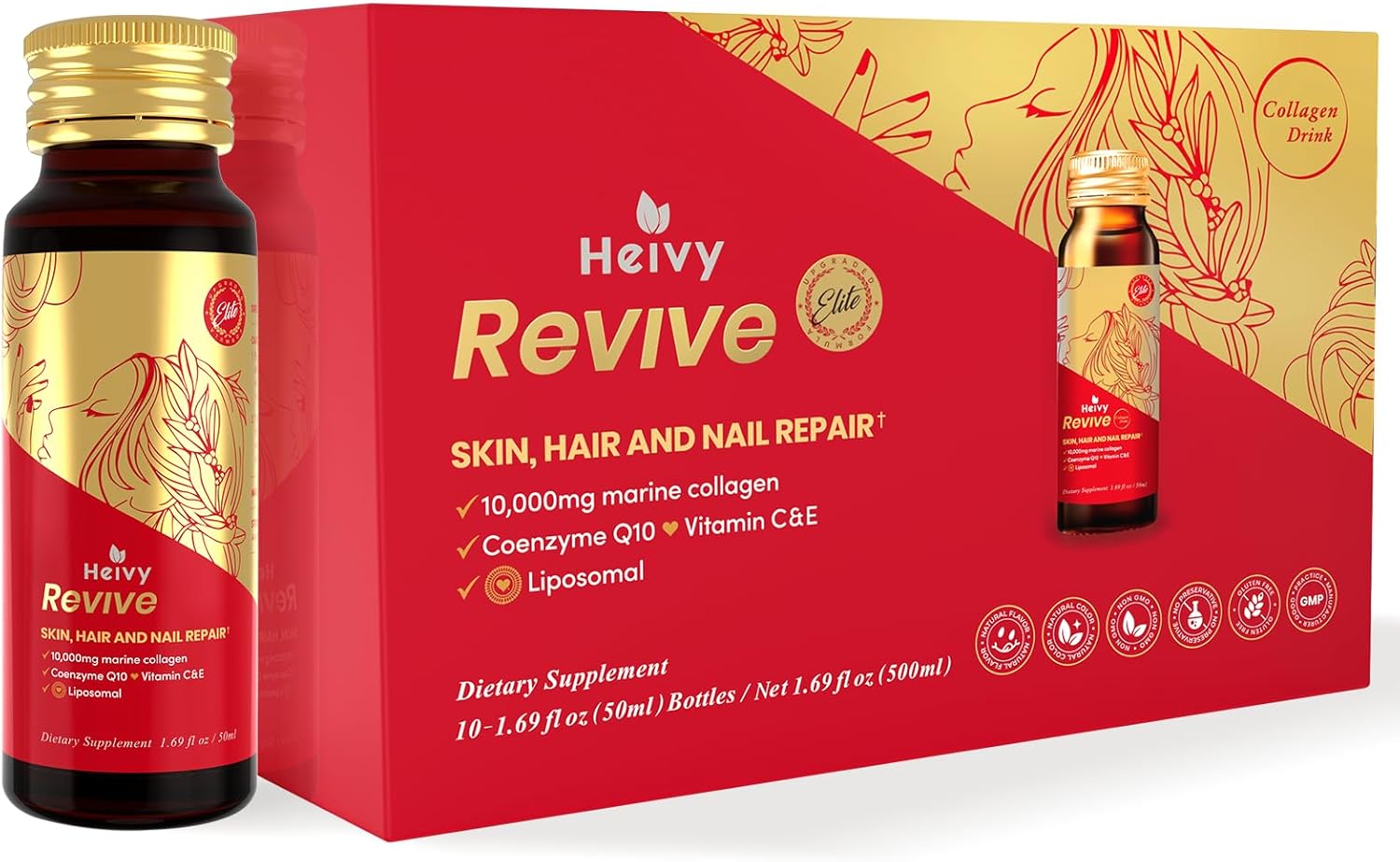 Heivy Liquid Collagen for Women, Collagen Drinks with 10,000mg Marine Collagen Peptides, Coenzyme Q10, Vitamins, for Hair Growth, Skin Repair, Nail Strength, Made in USA