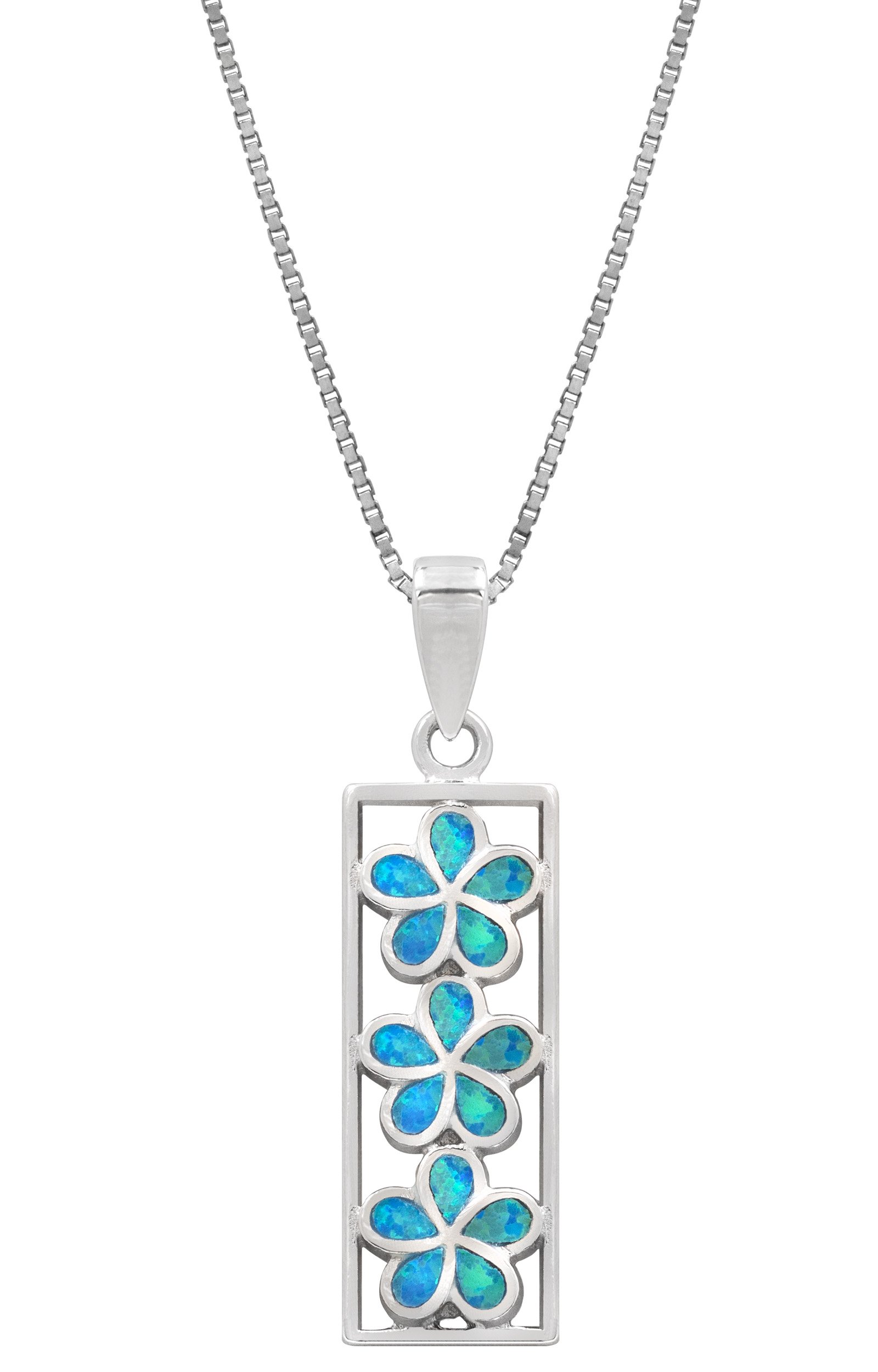 Honolulu Jewelry Company Sterling Silver Three Plumeria Flower Bar Necklace Pendant with Simulated Blue Opal and 18" Box Chain