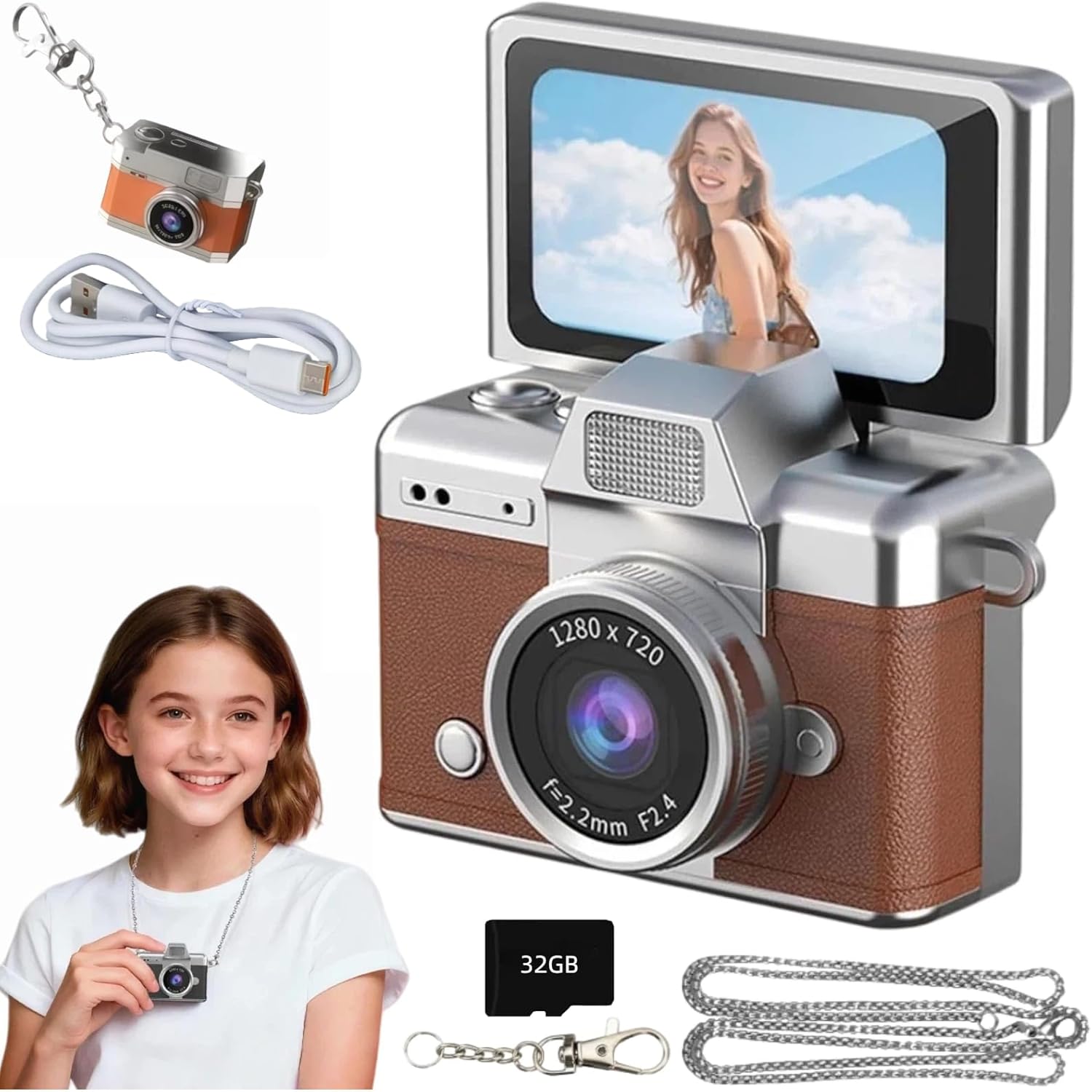 Mini Digital Camera Keychain Retro Mini Digital Video Camera Small 1080P FHD Recording with 0.96" IPS Screen with 6 Retro Filters AVI Format-Ideal for Phone Transfer (32GB, Brown)