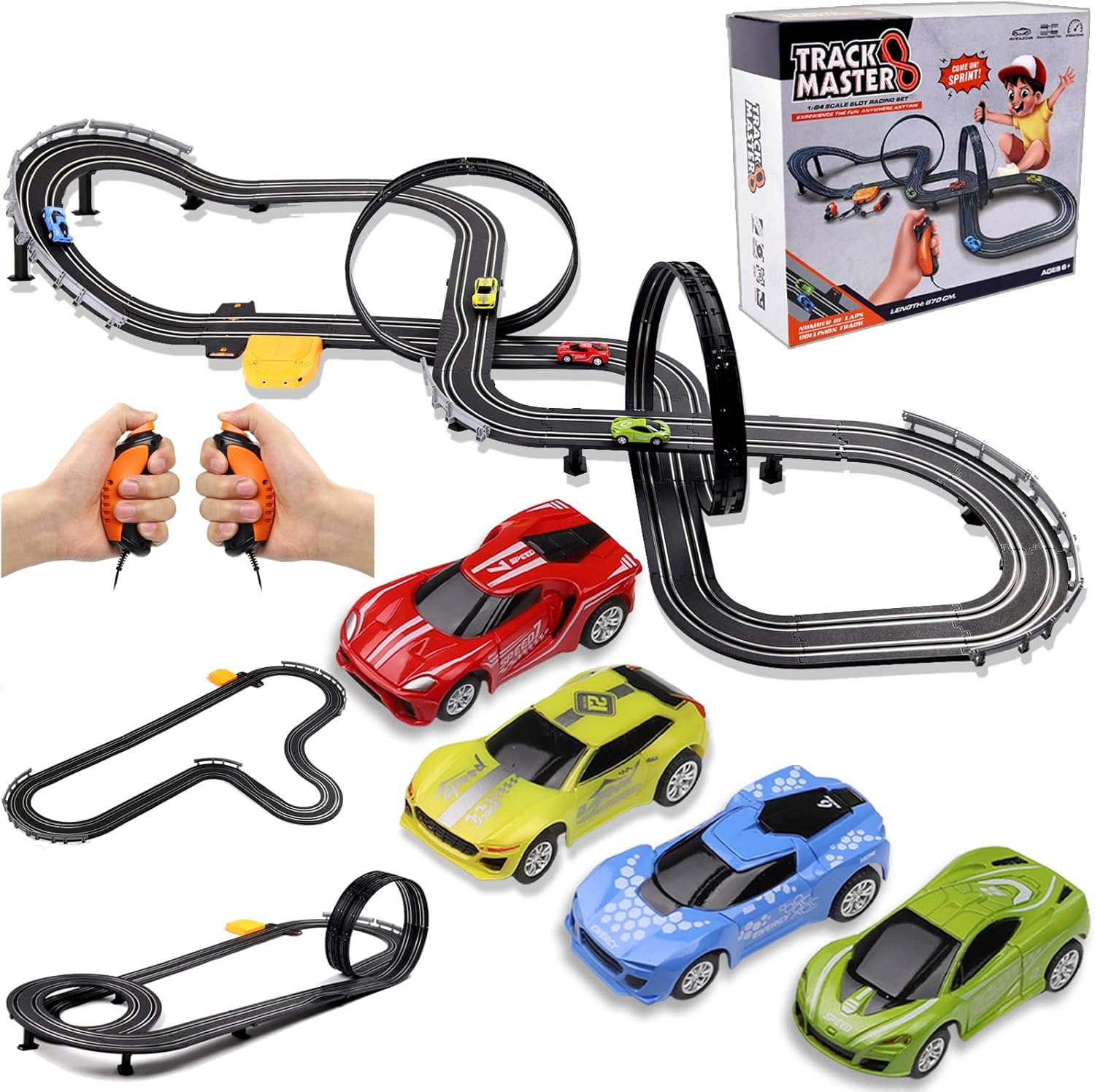Slot Car Race Track Sets, 23ft Battery Powered or Electric Track with 4 Slot Car