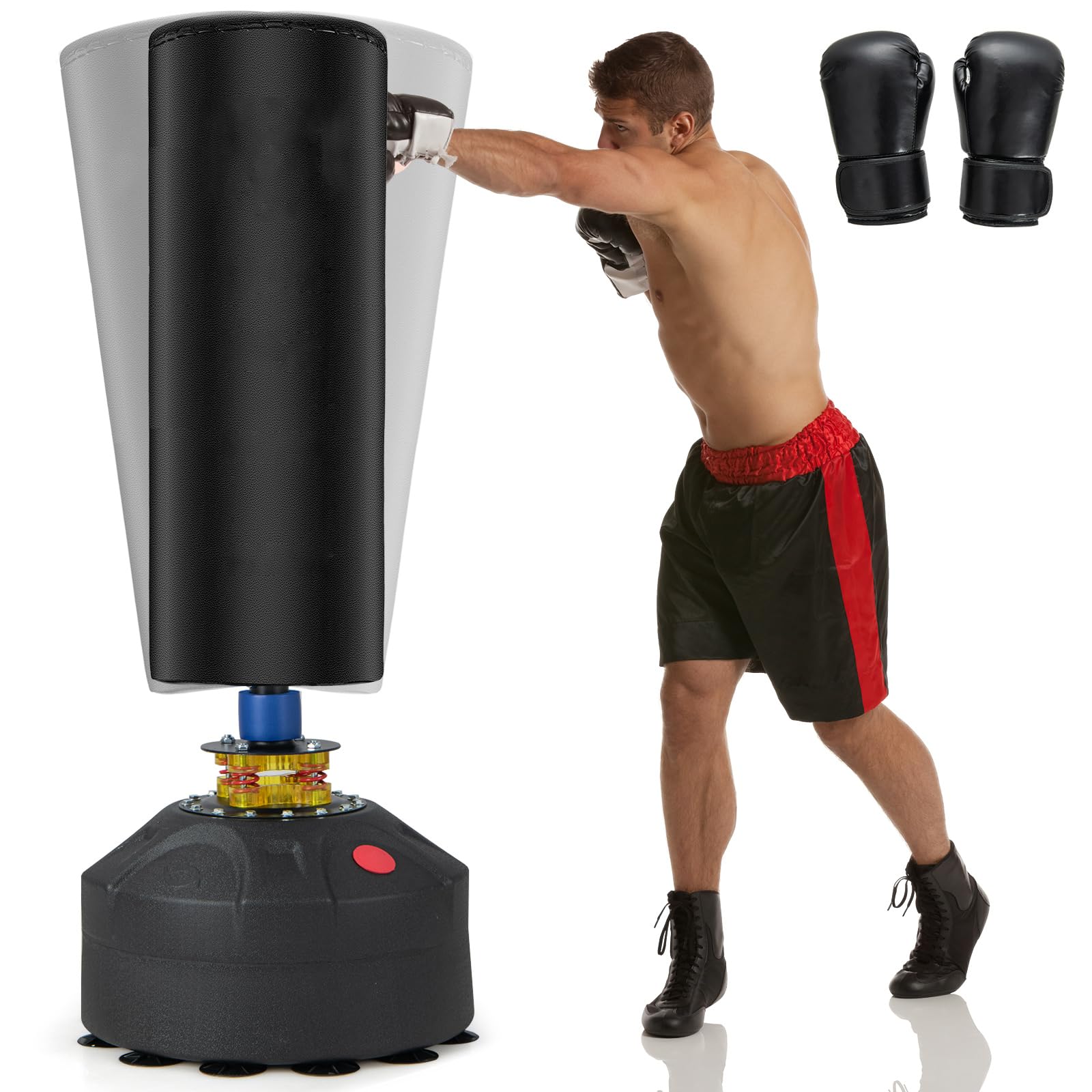 COSTWAY Sacco da Boxe 173 cm, Sacca da Boxe da Terra Autoportante e Pesante con Guantoni, Base a Ventosa, Costruzione a 5 Strati e Sistema Antivibrazioni per Adulti e Palestra Domestica