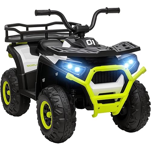 Qaba 12V Kids ATV, 4 Wheeler Quad, 3.7Mph Battery Powered Ride on Car with 4 Suspension Wheels, Storage Basket, LED Lights, Music USB, Treaded Tires, Electric Car for Boys Girls Aged 3-5 Years, Green