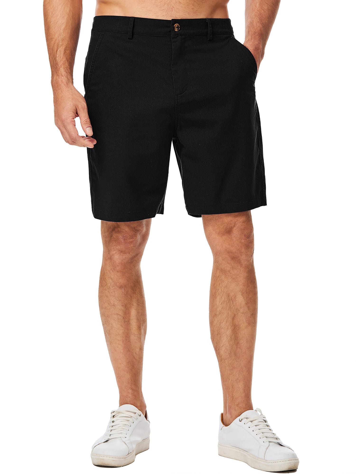 JMIERR Mens Casual 8" Cotton Linen Shorts - Button Waist Summer Beach Shorts with Pockets