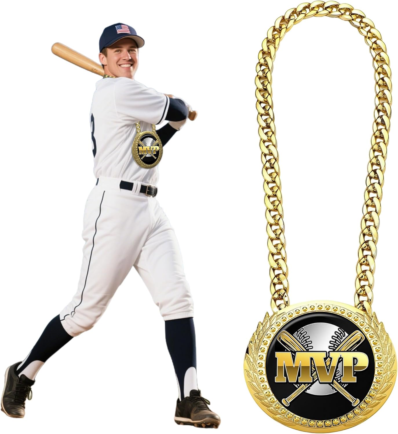 Baseball Chain MVP Medal Award – 6" Oversized Gold Turnover Chain Trophy Necklace Prize for Team Champion, Little League, Youth Baseball, Tournament Winner, Banquets Party Gifts